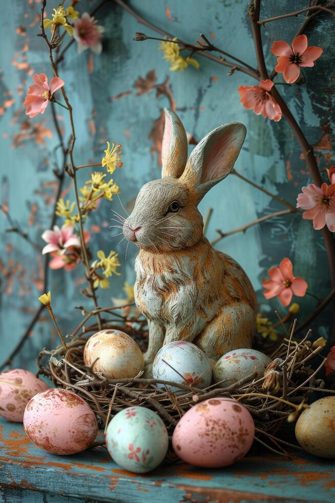 ai generato coniglio seduta su nido pieno con uova foto