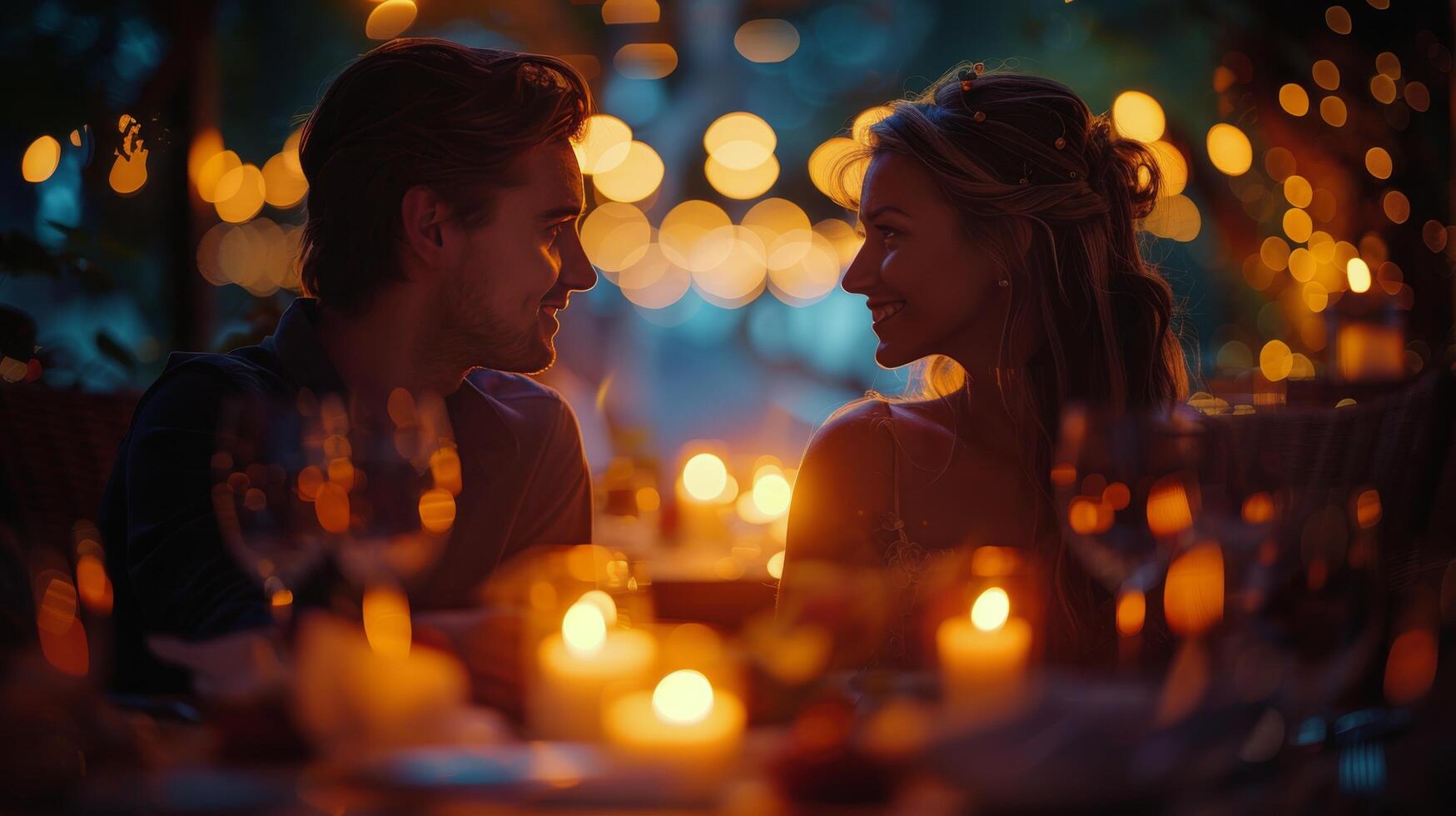 ai generato uomo e donna seduta a tavolo con candele foto