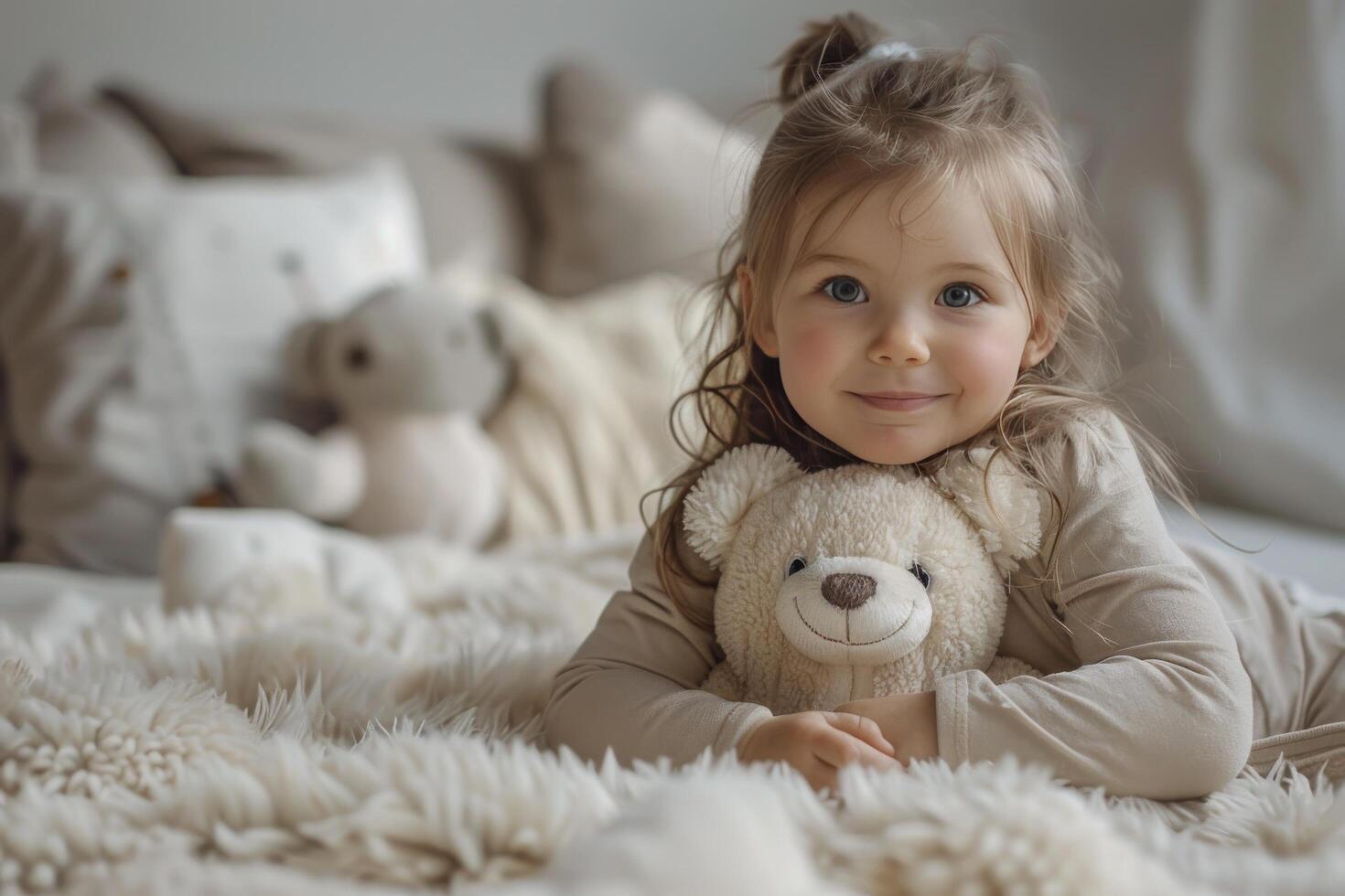 ai generato poco ragazza posa su letto con orsacchiotto orso foto