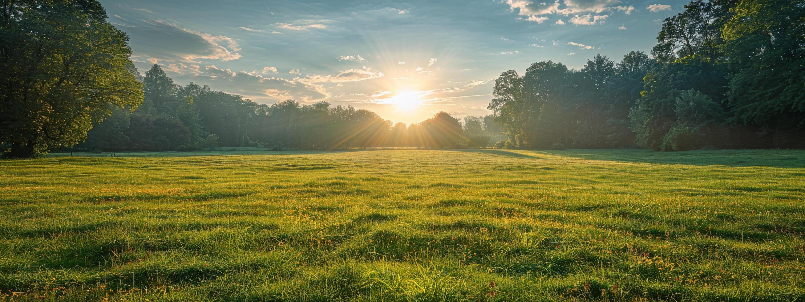 ai generato erboso campo con ambientazione sole foto