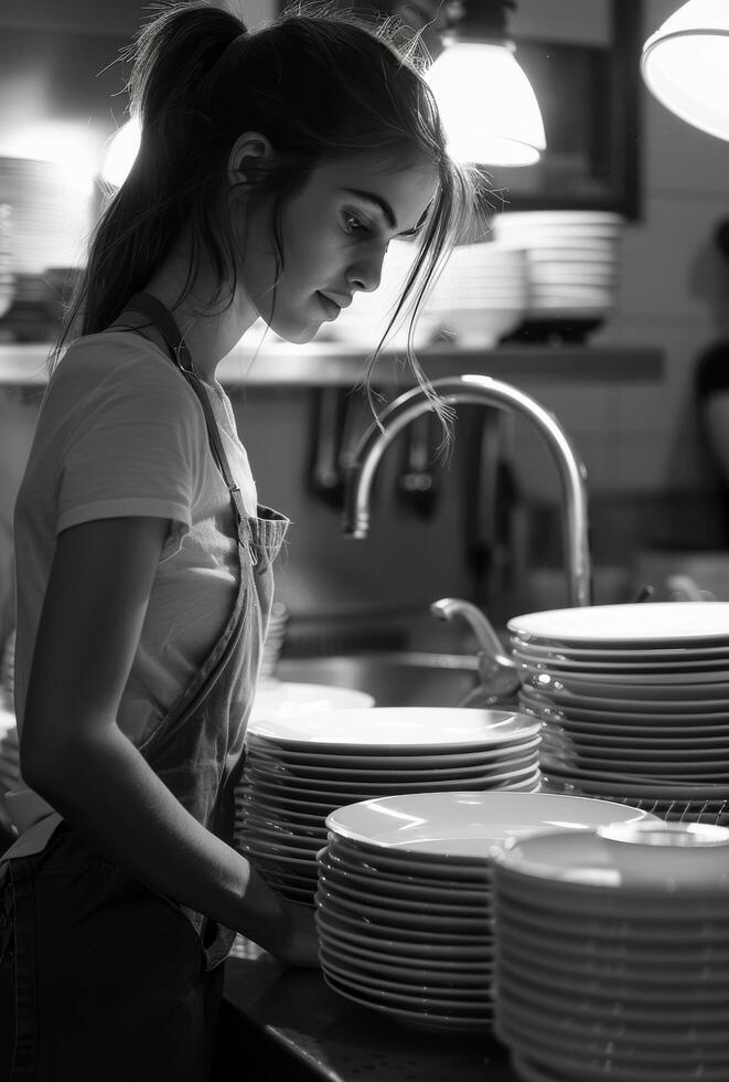 ai generato donna in piedi nel cucina Il prossimo per pile di piatti foto