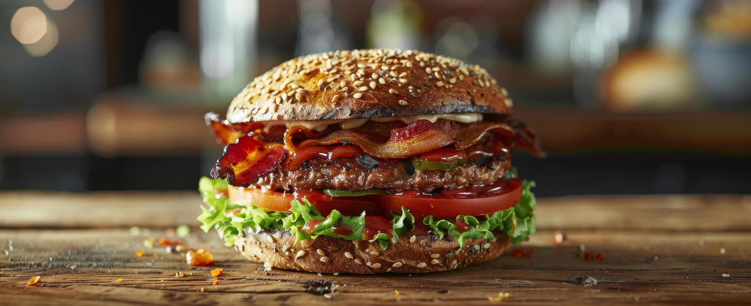 ai generato Bacon, lattuga, e pomodoro Sandwich su di legno tavolo foto