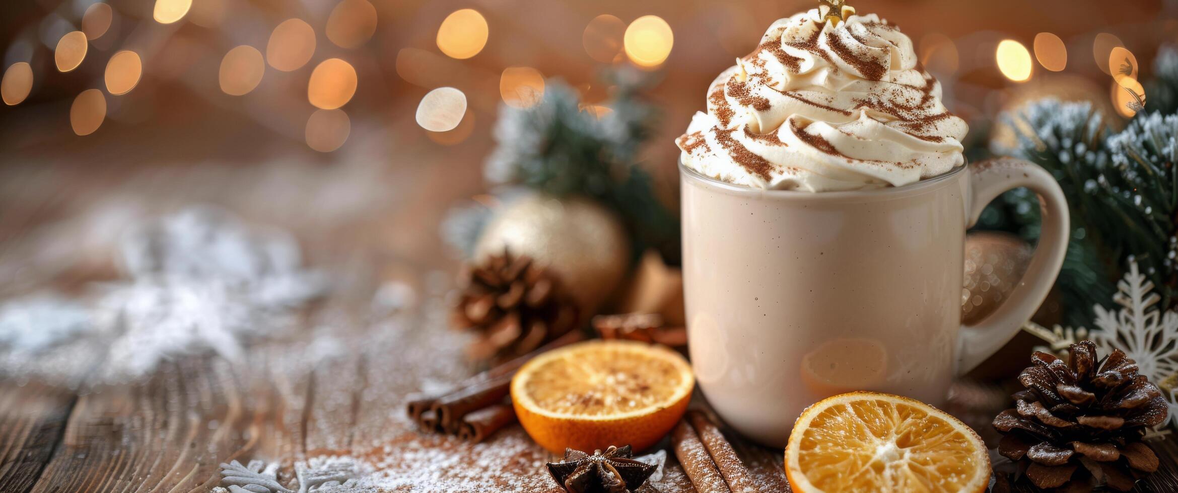 ai generato tazza di caldo cioccolato con frustato crema e arancia fetta foto