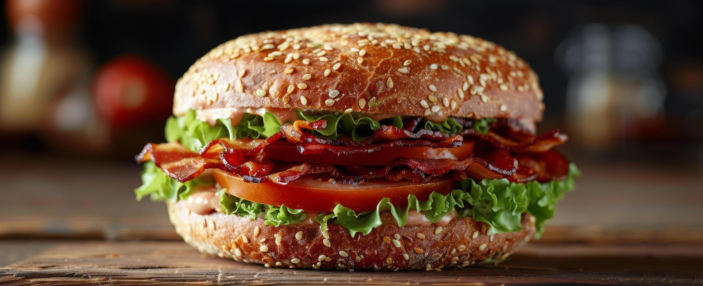 ai generato Bacon, lattuga, e pomodoro Sandwich su di legno tavolo foto