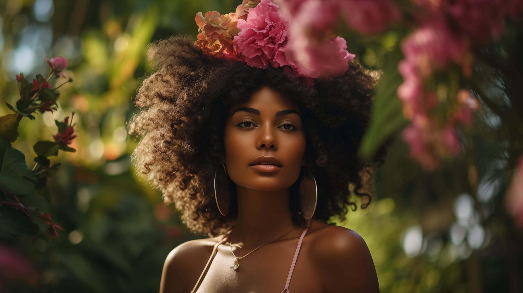 ai generato un' sbalorditivo giovane afro americano donna, indossare un' Impressionante rosa fascia per capelli, sta in mezzo lussureggiante verdura e vivace fiori, sua pelle trasudante un' natura foto