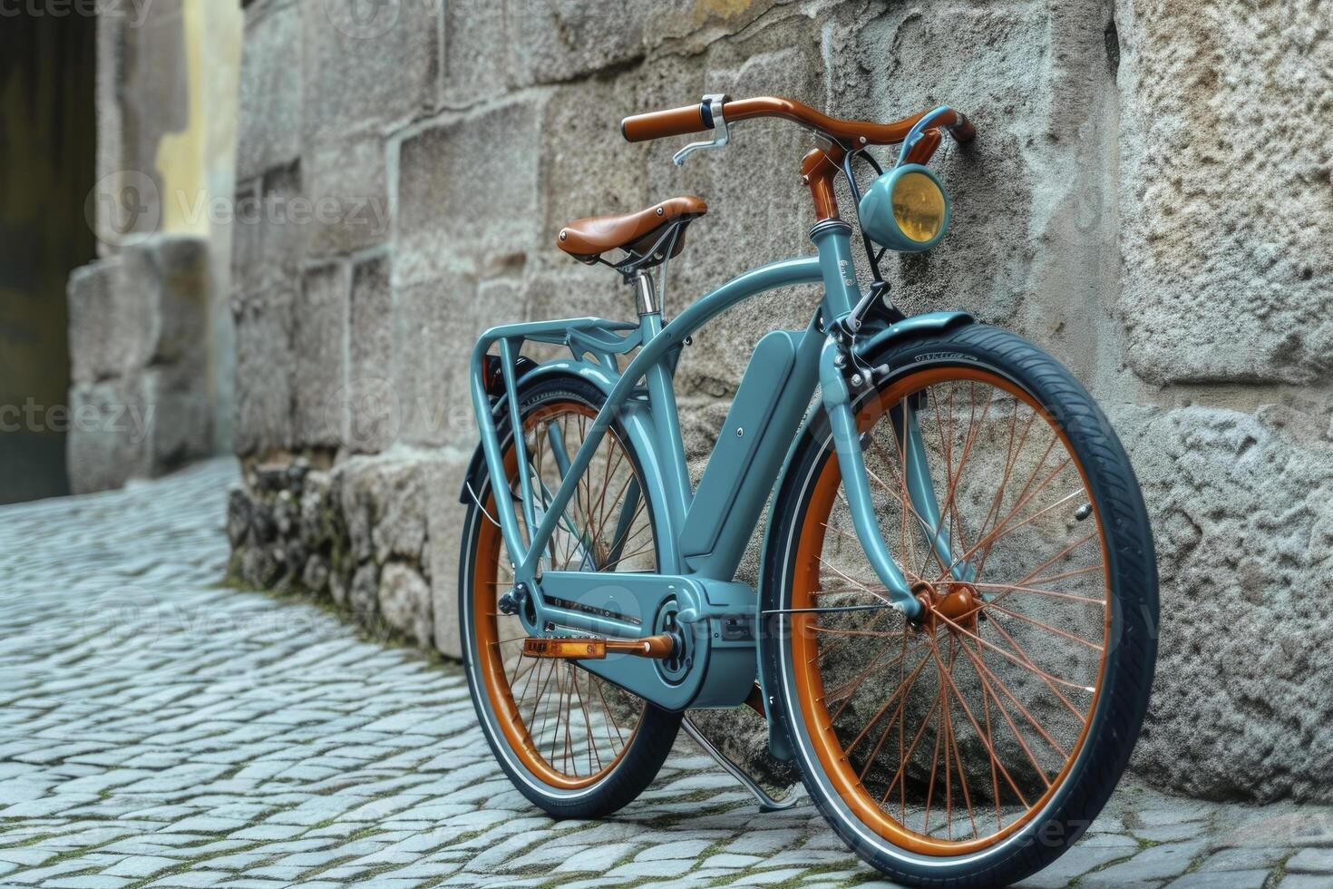 ai generato elettrico bicicletta parcheggiata nel un vicolo. generativo ai foto