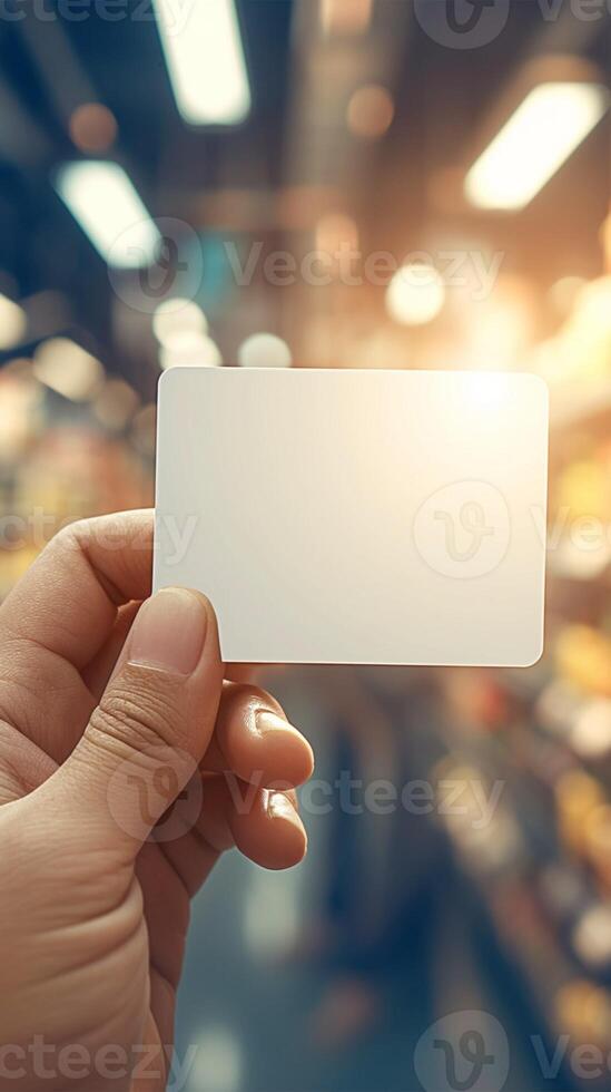 ai generato mano presentazione vuoto credito carta contro drogheria memorizzare fondale verticale mobile sfondo foto
