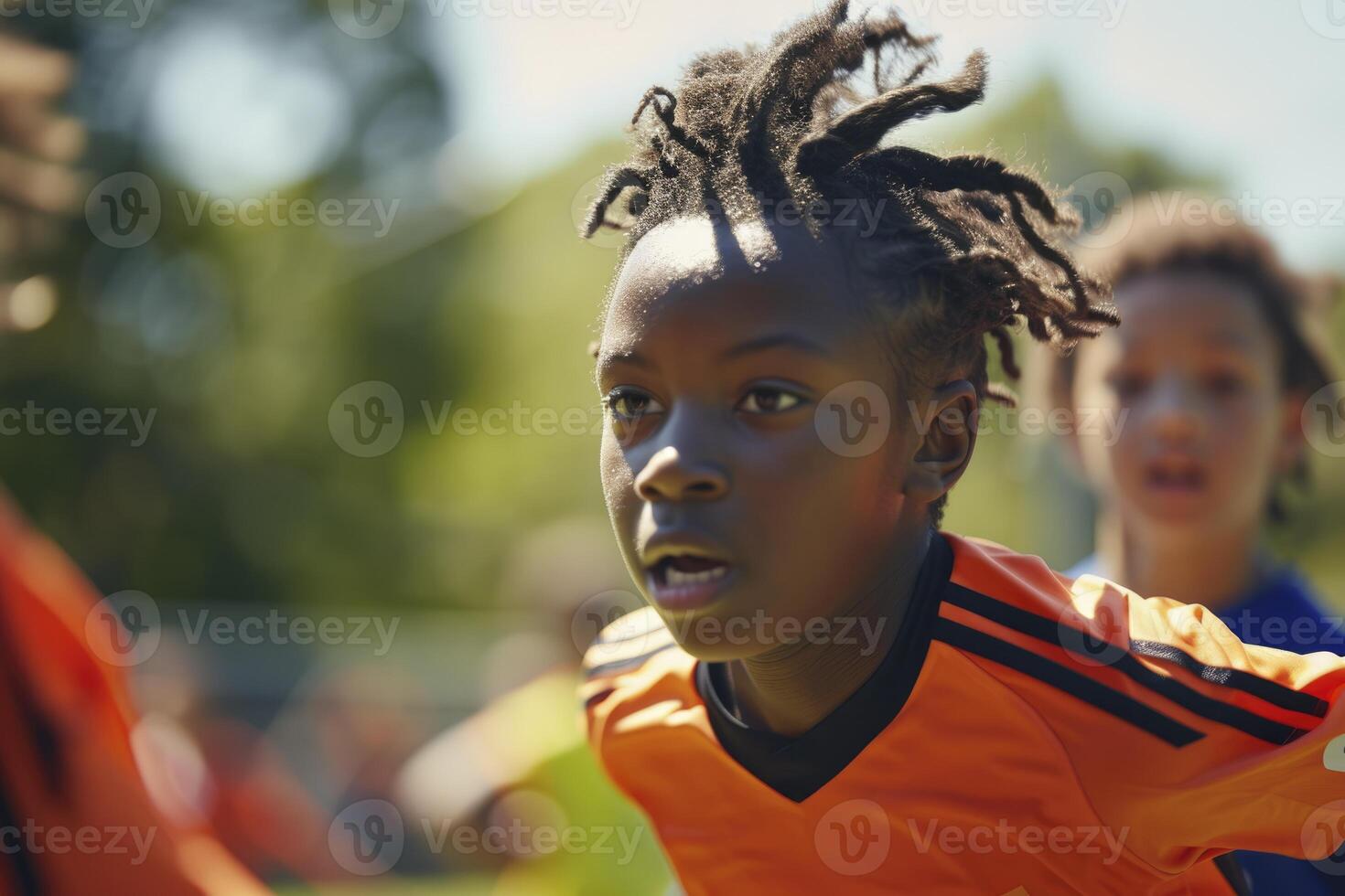 ai generato bambini giocando calcio a un' estate campo. generativo ai foto