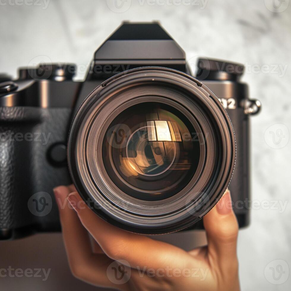 ai generato Visualizza fotografia essenziali vicino su di un slr telecamera con lente per sociale media inviare dimensione foto