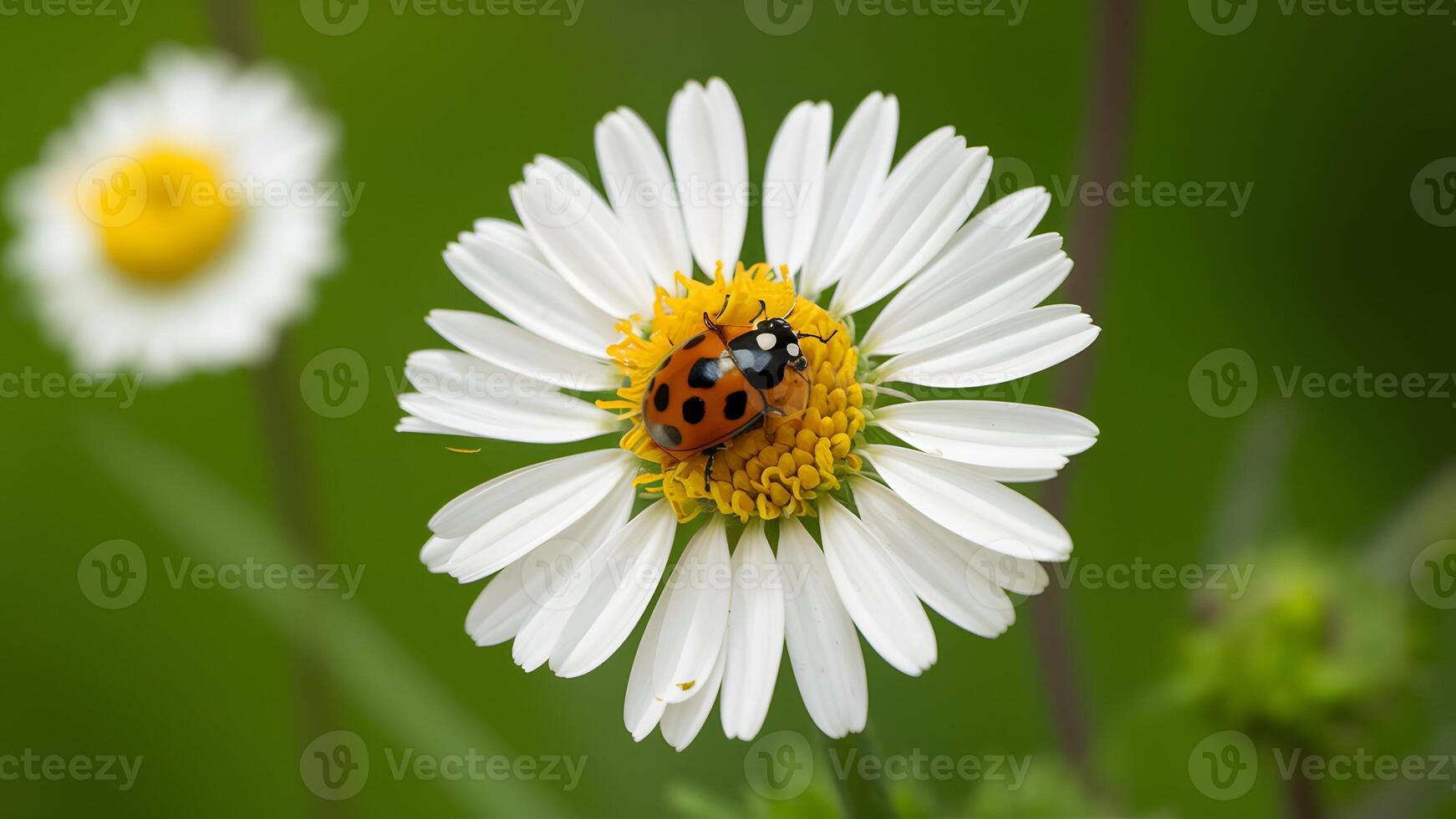 ai generato immagine prese nel estate terreno di gioco con coccinella su camomilla fiore foto