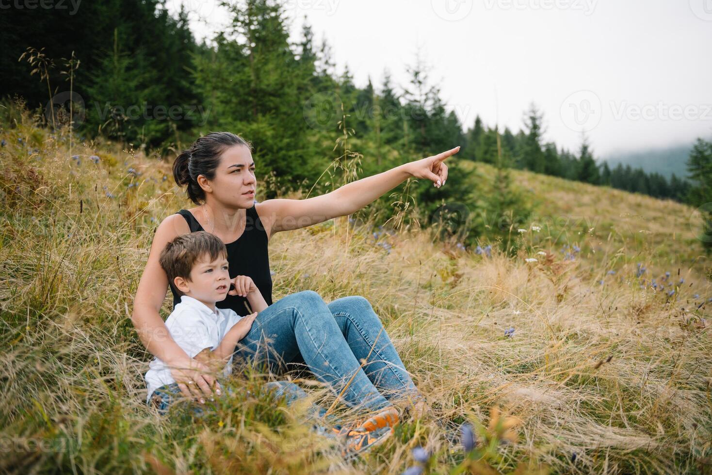 giovane mamma con bambino ragazzo in viaggio. madre su escursioni a piedi avventura con bambino, famiglia viaggio nel montagne. nazionale parco. escursione con bambini. attivo estate vacanze. foto