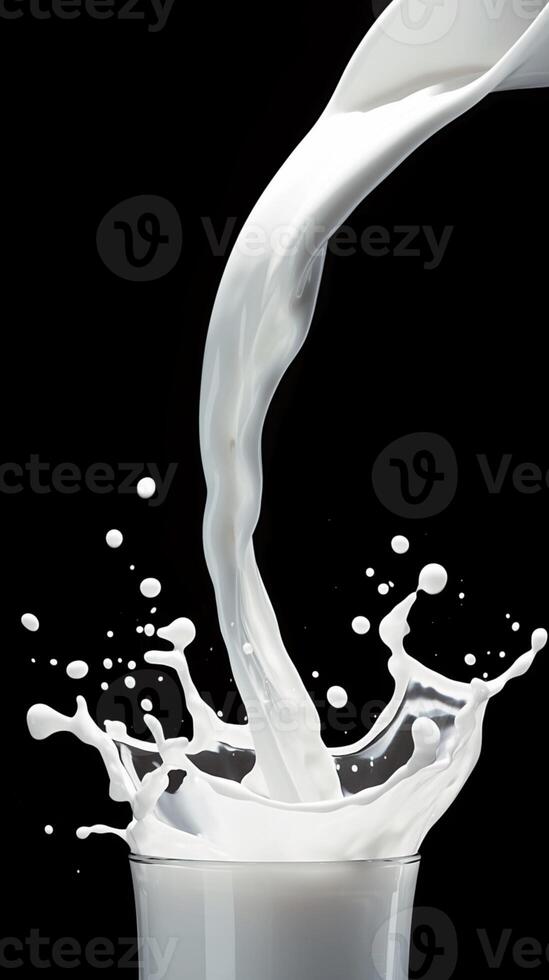 ai generato dinamico latteria latte spruzzo catturato nel azione su nero sfondo verticale mobile sfondo foto