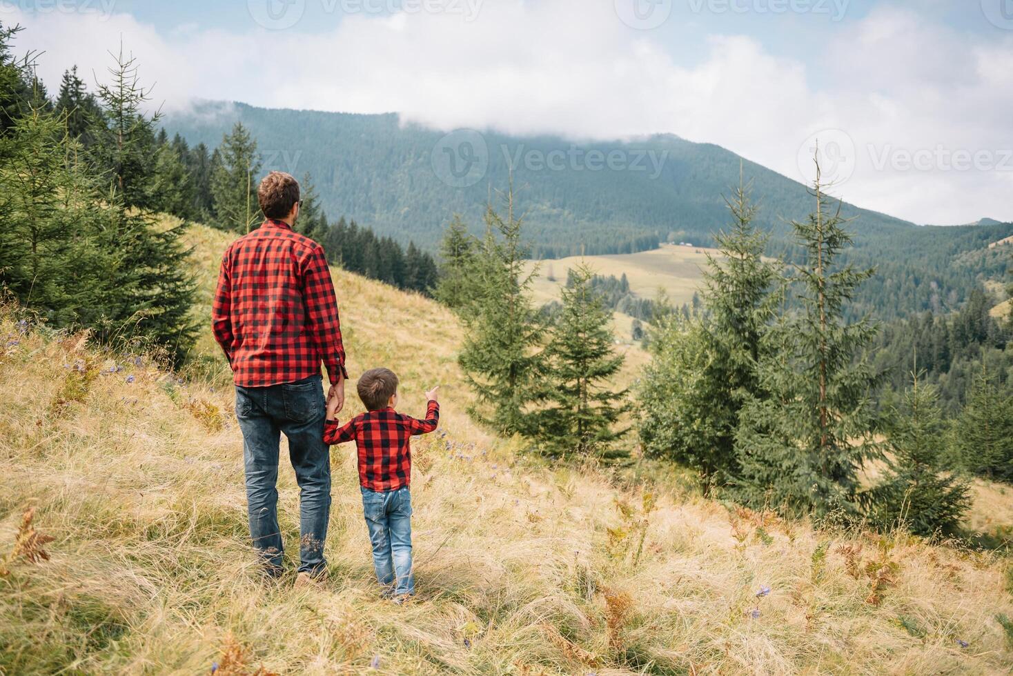 giovane padre con bambino ragazzo in viaggio. padre su escursioni a piedi avventura con bambino, famiglia viaggio nel montagne. nazionale parco. escursione con bambini. attivo estate vacanze. foto