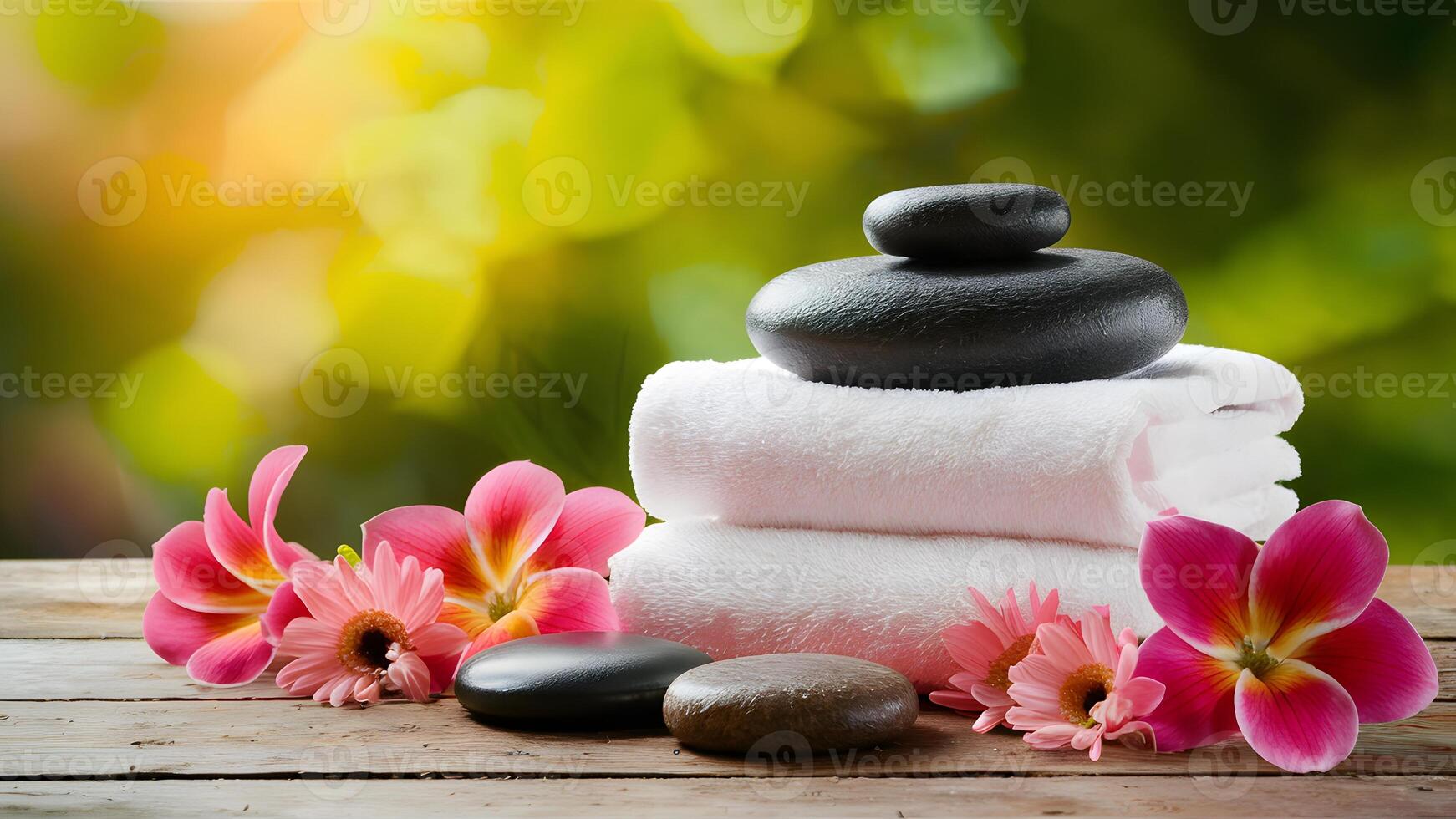 ai generato davanti Visualizza di terme massaggio pietre, asciugamani, rosa fiori foto
