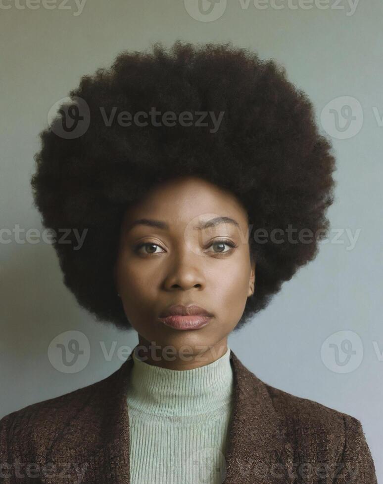 ai generato nero donna con un' in profondità sguardo e afro pop stile foto