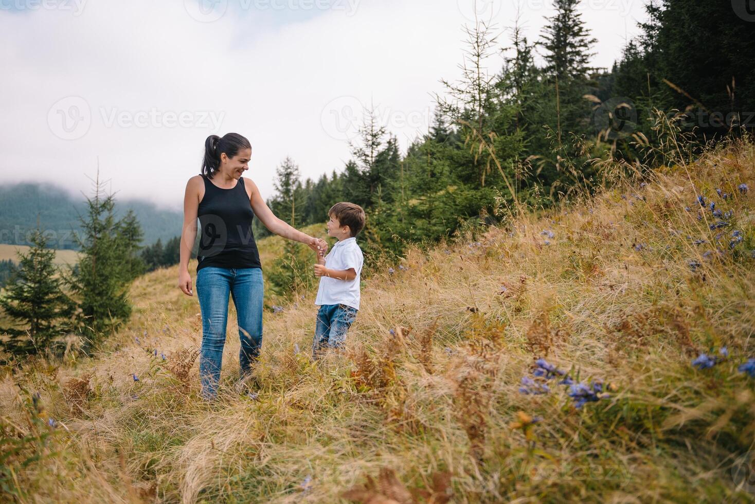 giovane padre con bambino ragazzo in viaggio. padre su escursioni a piedi avventura con bambino, famiglia viaggio nel montagne. nazionale parco. escursione con bambini. attivo estate vacanze. foto