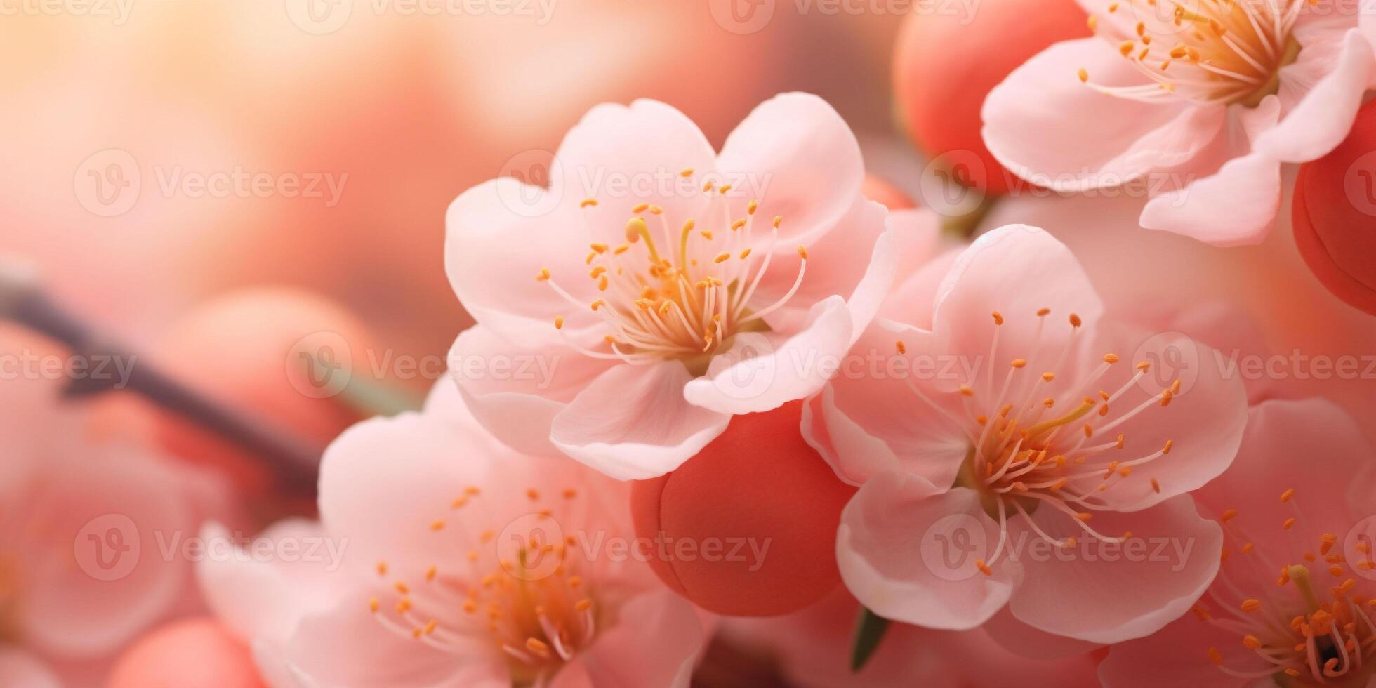 ai generato un' bandiera con vicino su arancia Pesche su rami e bianca fiori su un' rosa sfocato sfondo. pesca fuzz colore copia spazio frutta foto