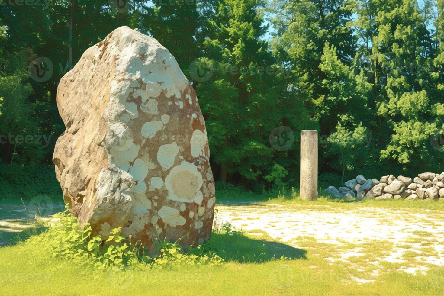 ai generato gigante grigio pietra masso riposa accanto un' colonna in mezzo verde alberi foto