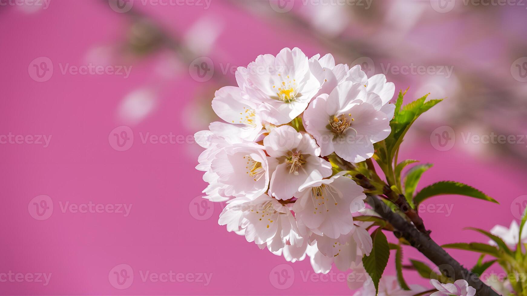 ai generato ciliegia fiorire sakura nel pieno fioritura contro un' rosa fondale foto