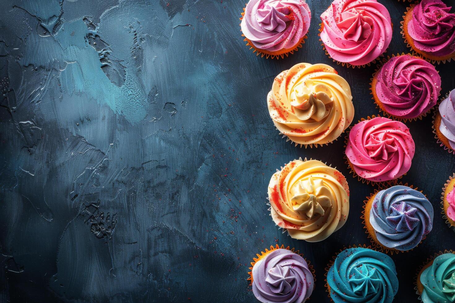 ai generato tavolo pieno con smerigliato cupcakes foto