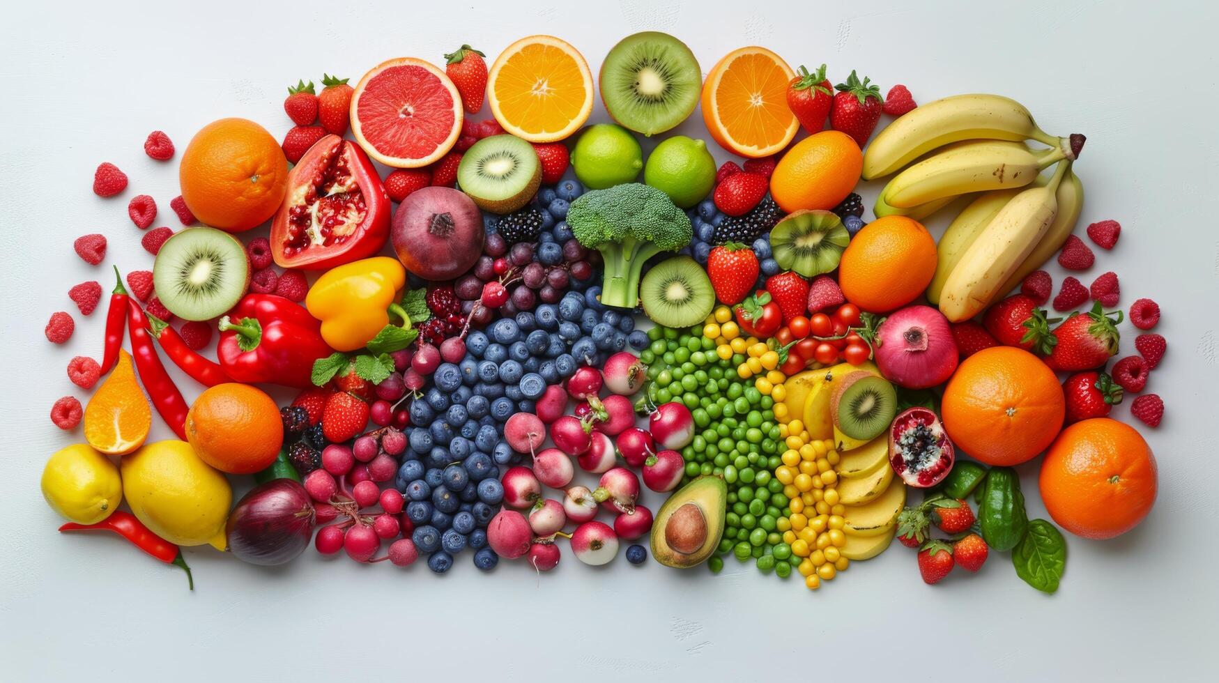 ai generato arcobaleno di frutta e verdure foto