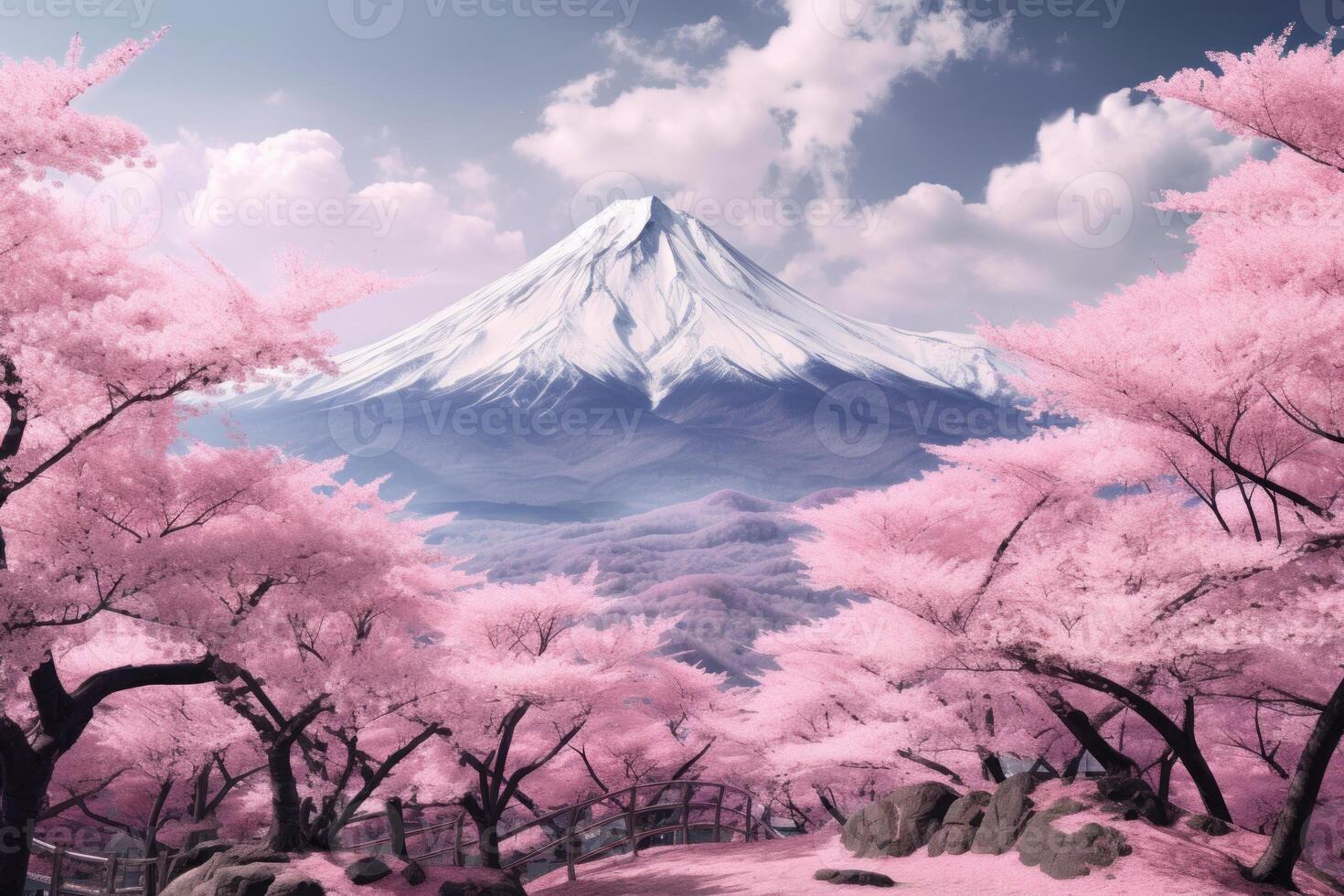 ai generato vivace sakura albero e grande montagne. creare ai foto