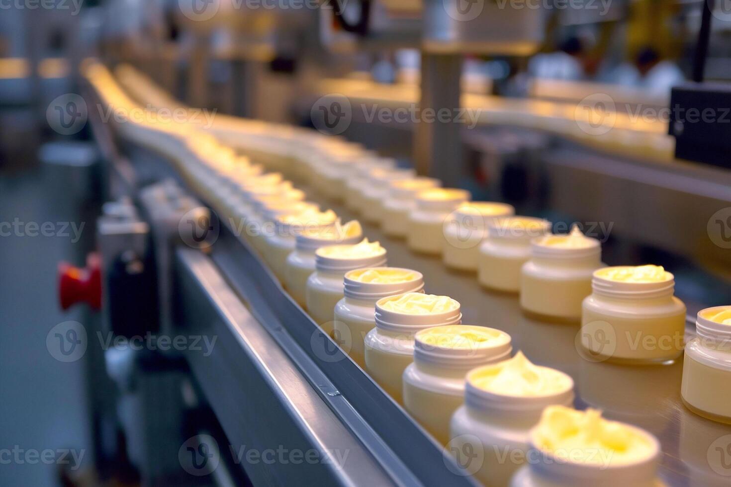 ai generato Aperto barattoli di giallo crema senza intoppi progresso giù un' cosmetici fabbrica produzione linea, automatizzato macchinari nel il sfondo. efficienza nel volume alto cura della pelle produzione. foto