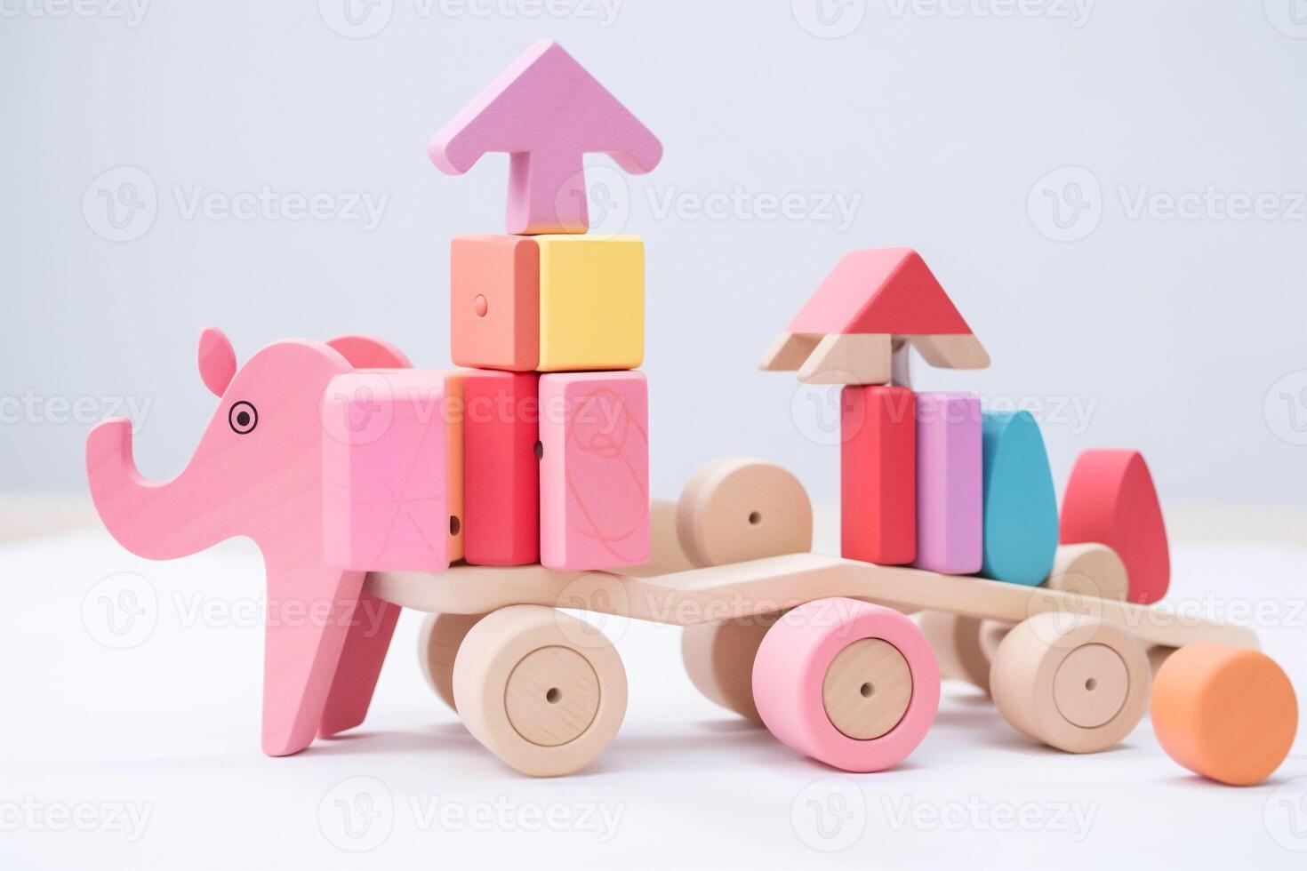 ai generato morbido rosa e colorato il giro di legno costruzione blocchi, forme, elefante per edificio un' figli di giocattolo per giocando. cervello e abilità sviluppando. bianca sfondo. copia spazio. foto