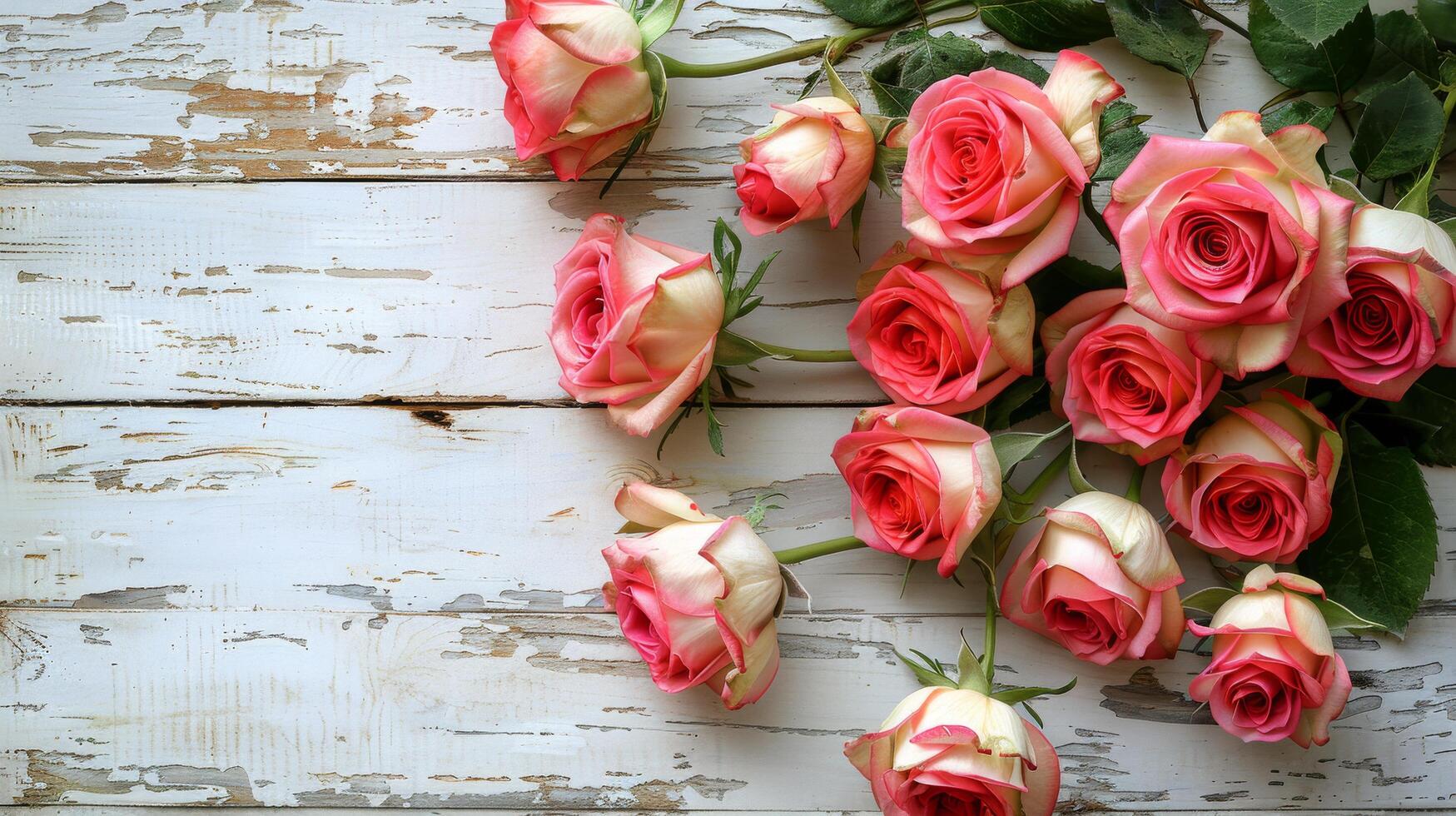 ai generato rosa Rose su bianca di legno superficie foto