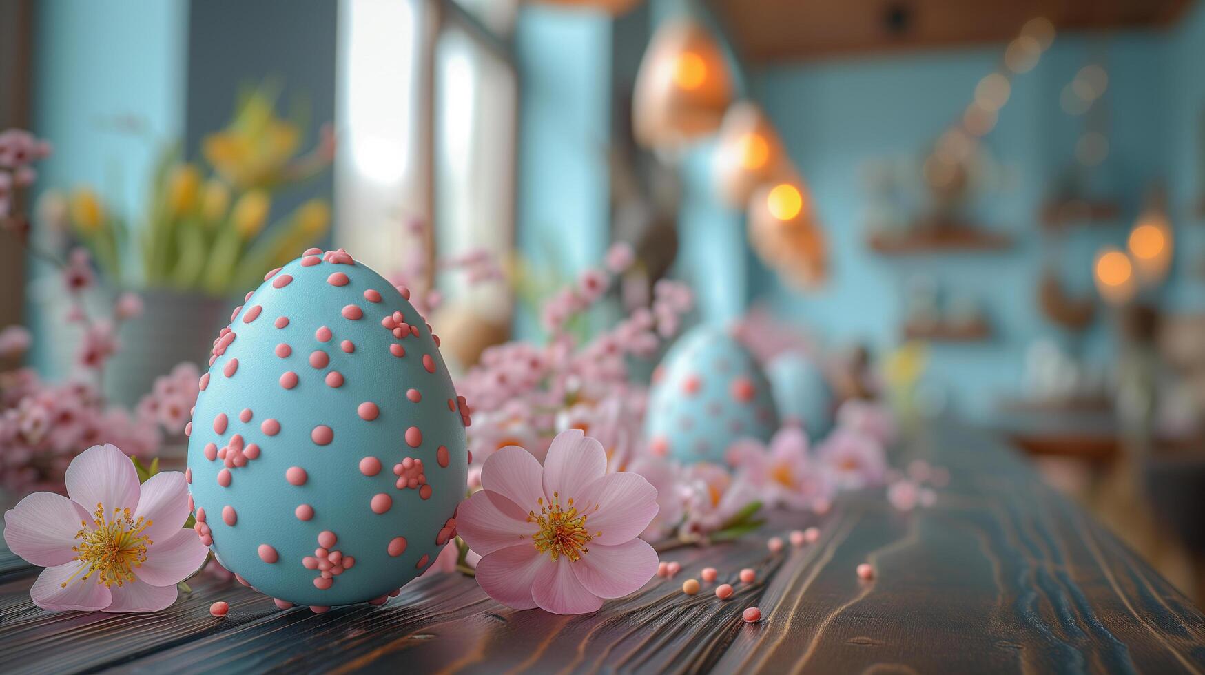 ai generato cioccolato Pasqua uovo su colorato Pasqua tavolo decorato per il festa. foto