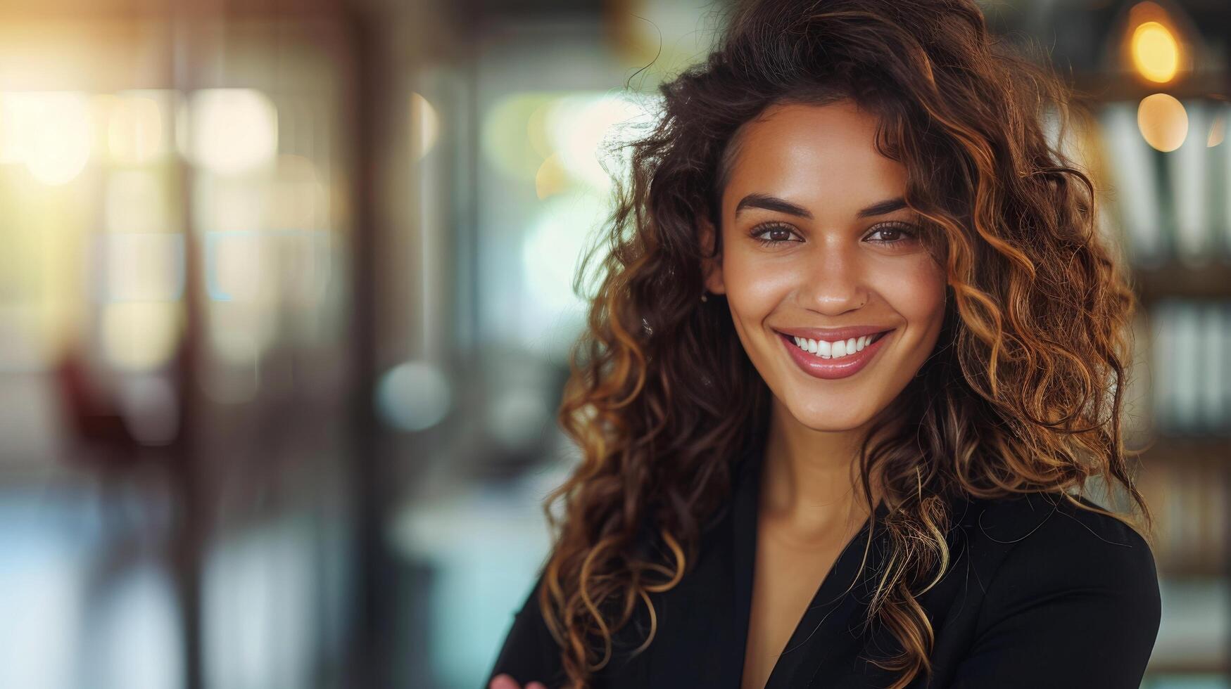 ai generato sorridente donna con Riccio capelli foto