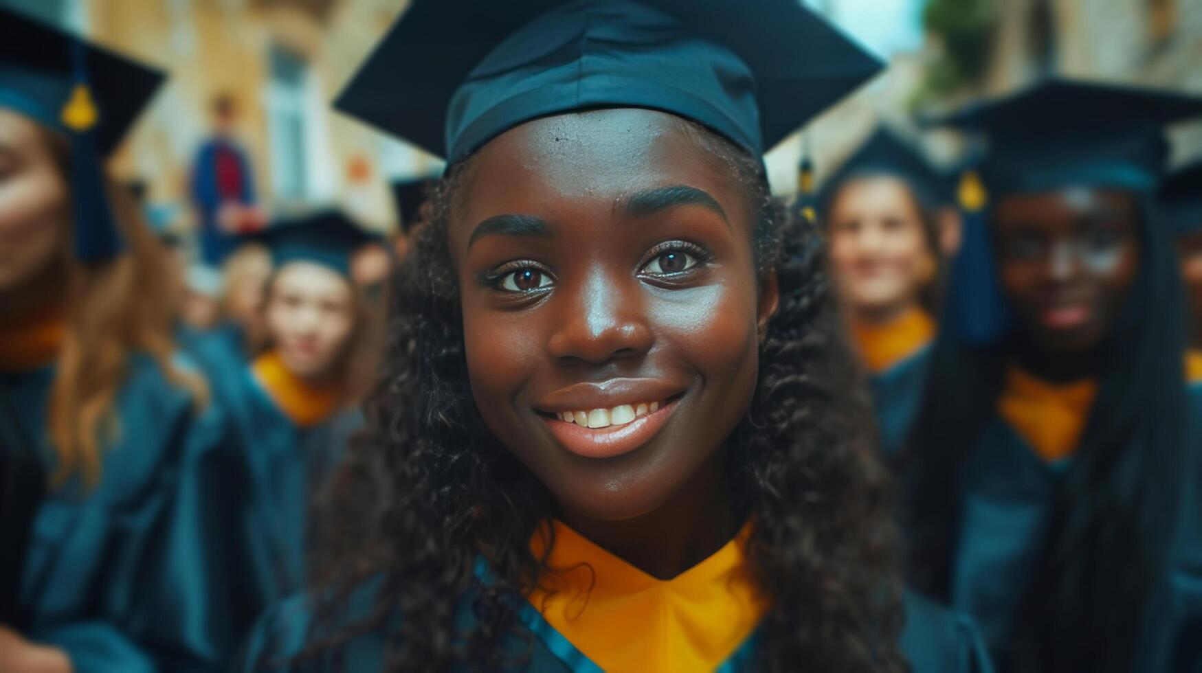 ai generato gruppo di donne nel la laurea caps e abiti foto