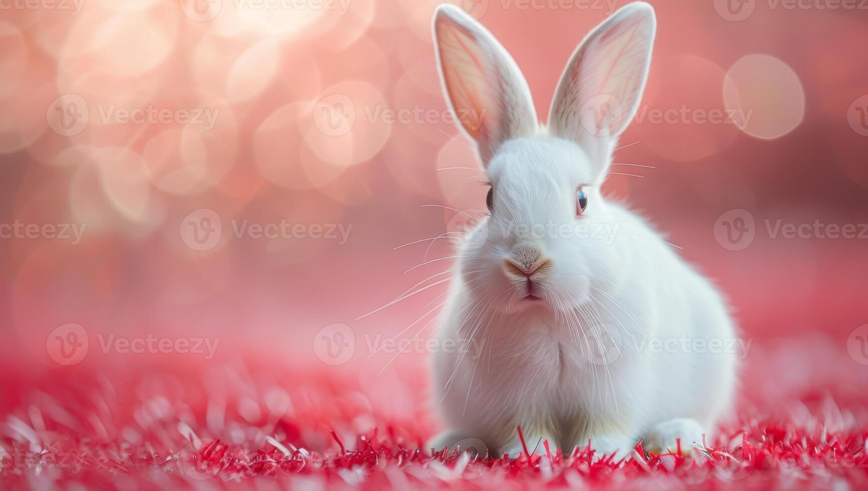 ai generato carino bianca coniglio su rosso sfondo con bokeh effetto. foto