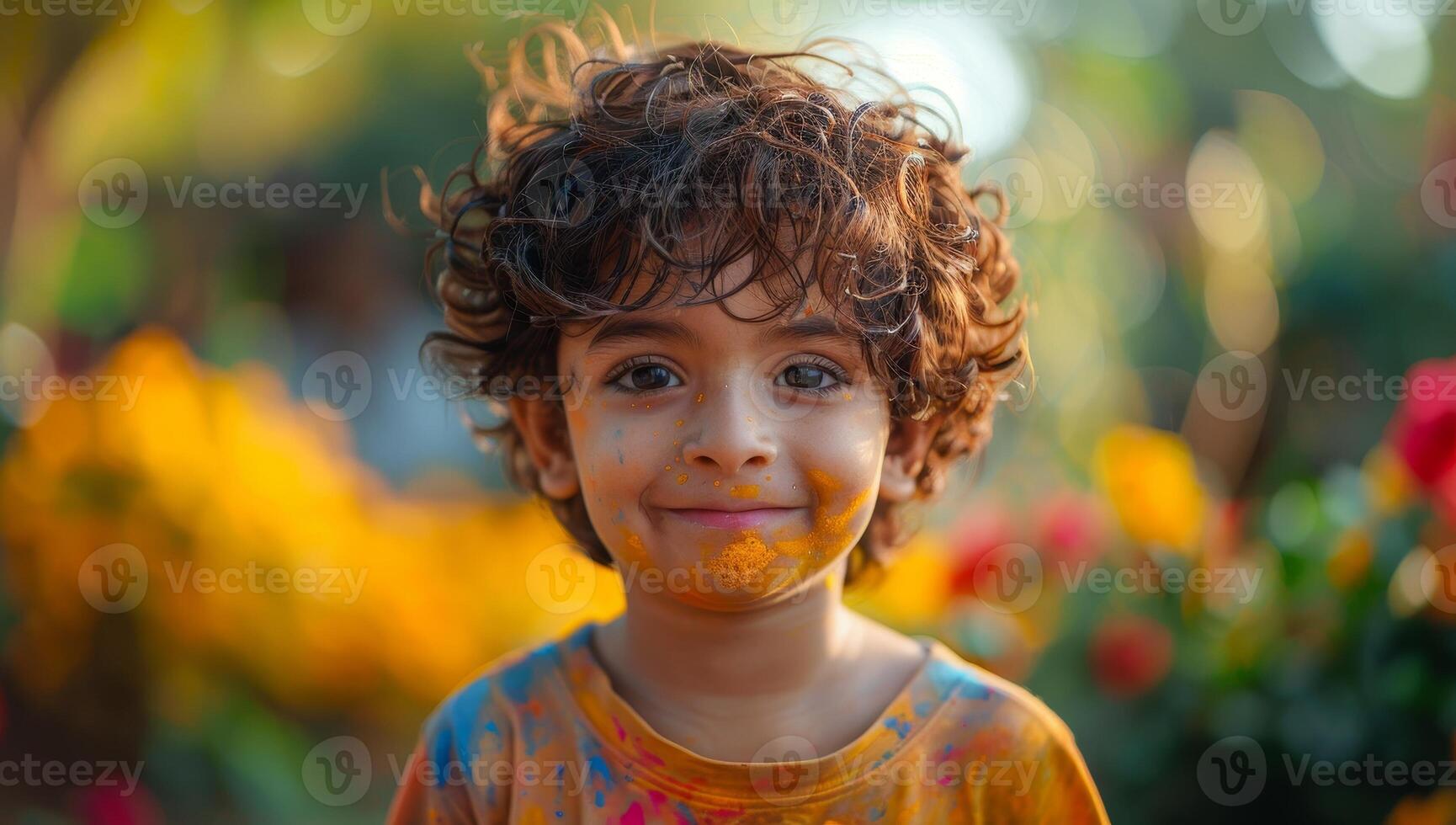 ai generato ritratto di un' contento bambino coperto nel colorato polvere dipingere durante il holi Festival nel India. foto