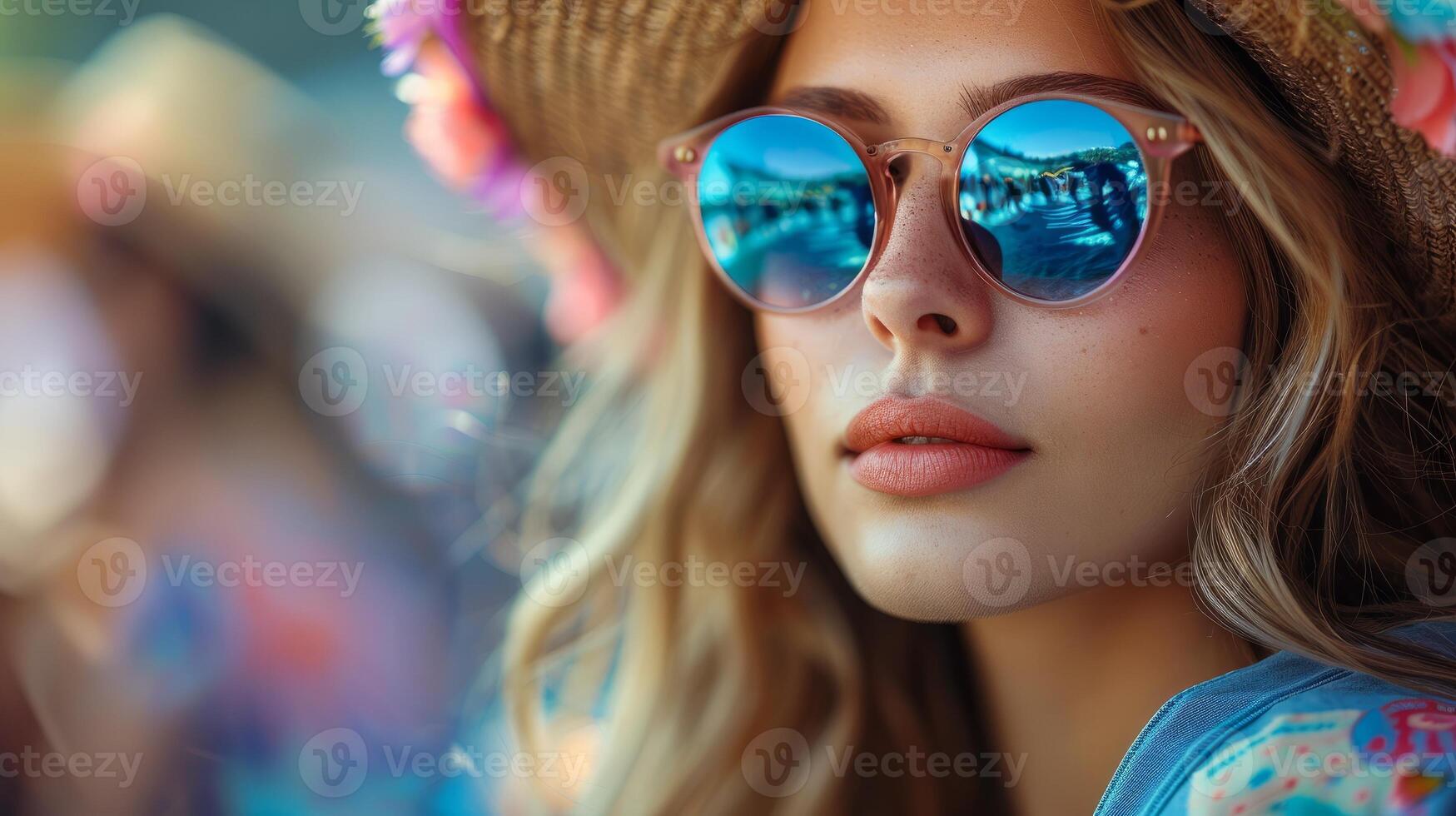 ai generato bellissimo giovane donna con occhiali da sole e cannuccia cappello a musica Festival, godendo il estate vibrazioni e vivere musica. concetto di musica, Festival, estate, gioventù, e divertimento. foto