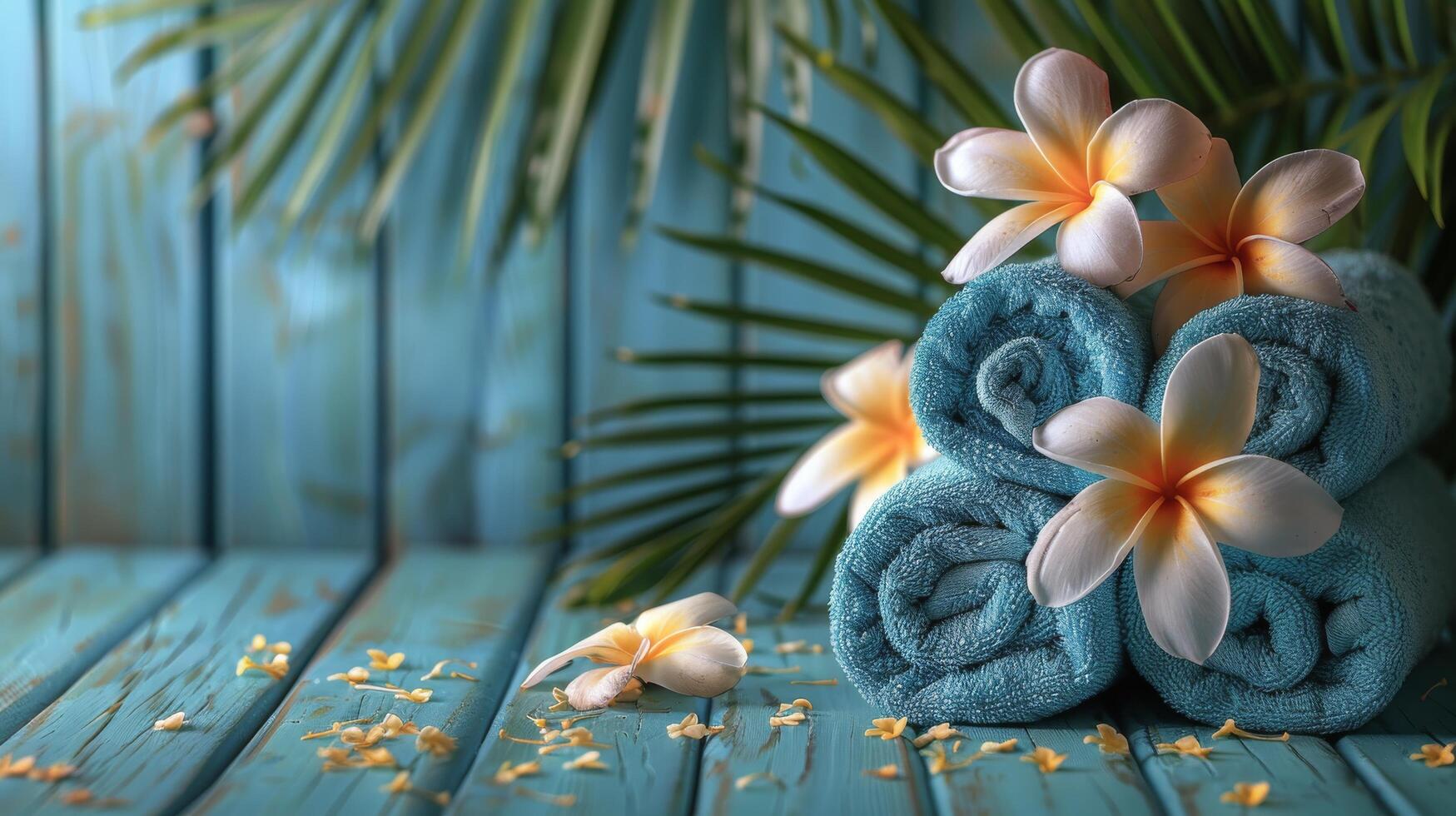 ai generato asciugamano e fiori su di legno tavolo foto