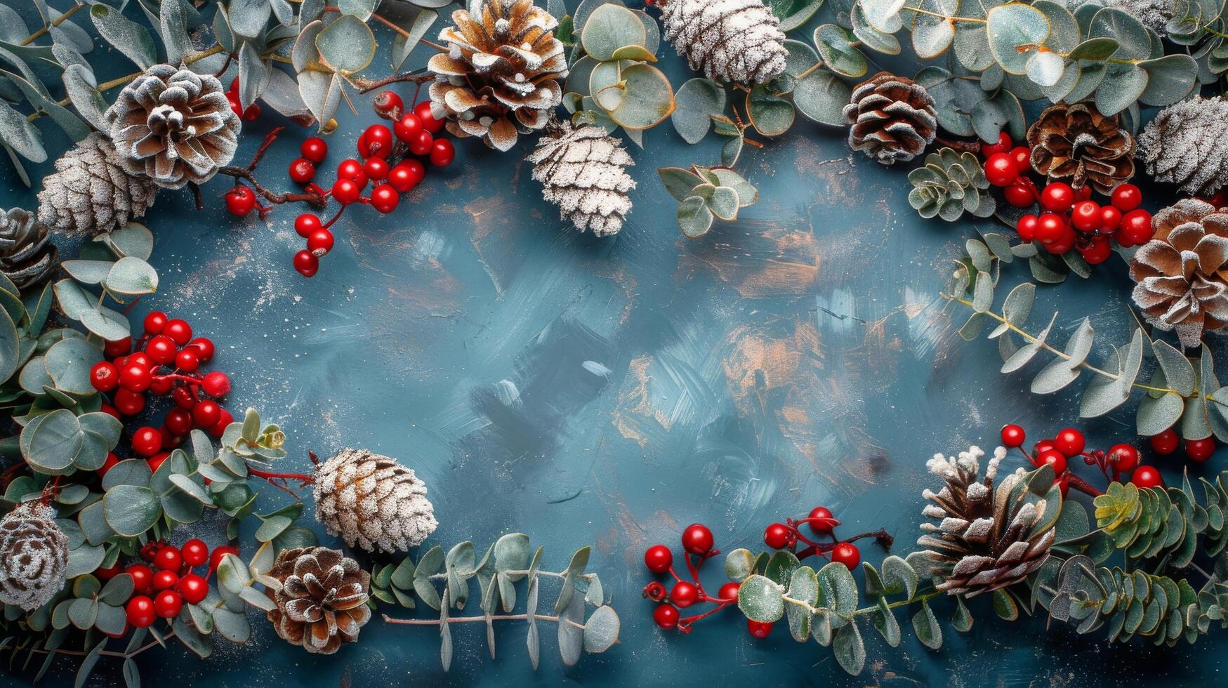 ai generato festivo Natale ghirlanda con pino coni e frutti di bosco foto