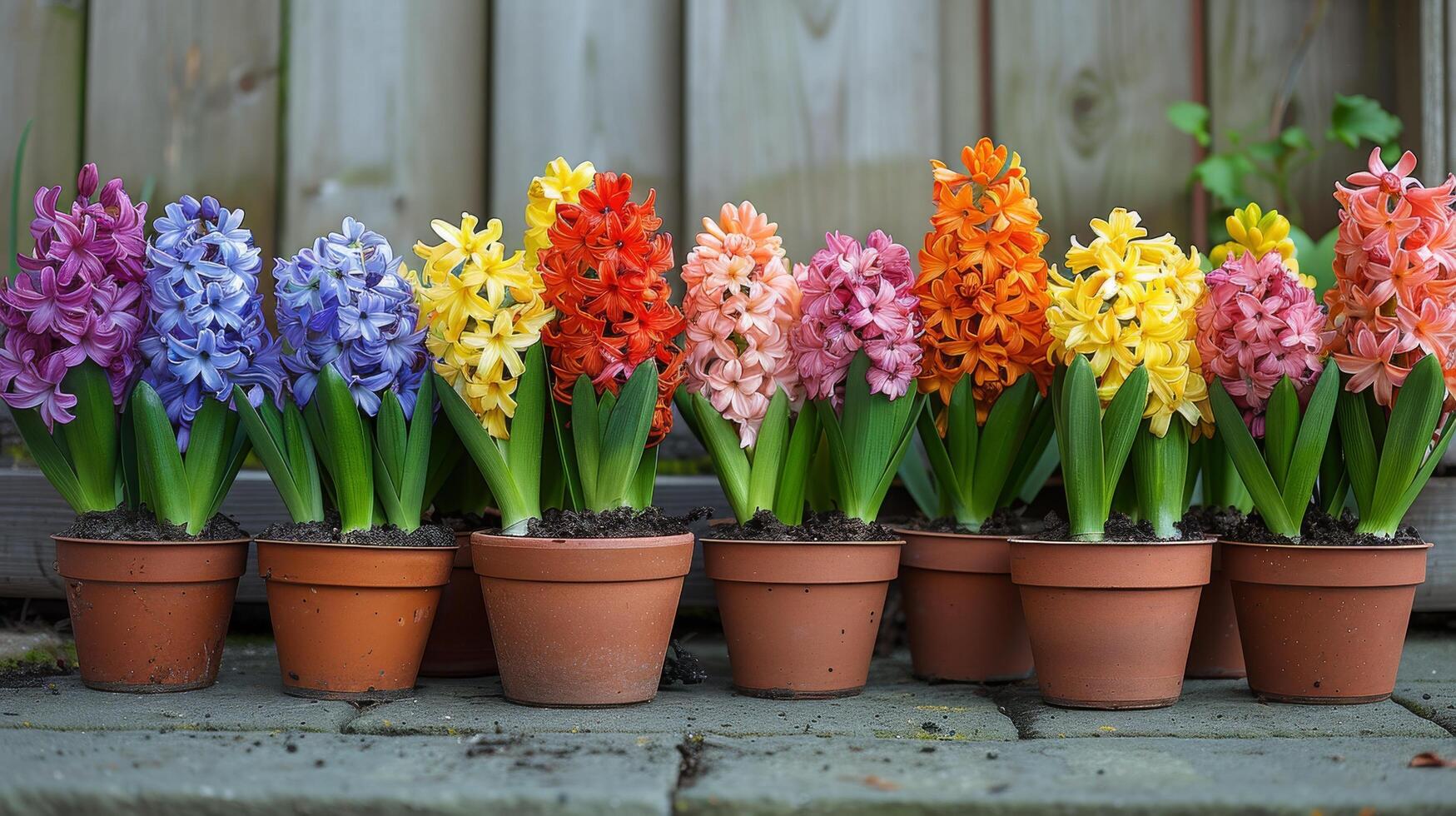 ai generato riga di fiore pentole su di legno mensola foto