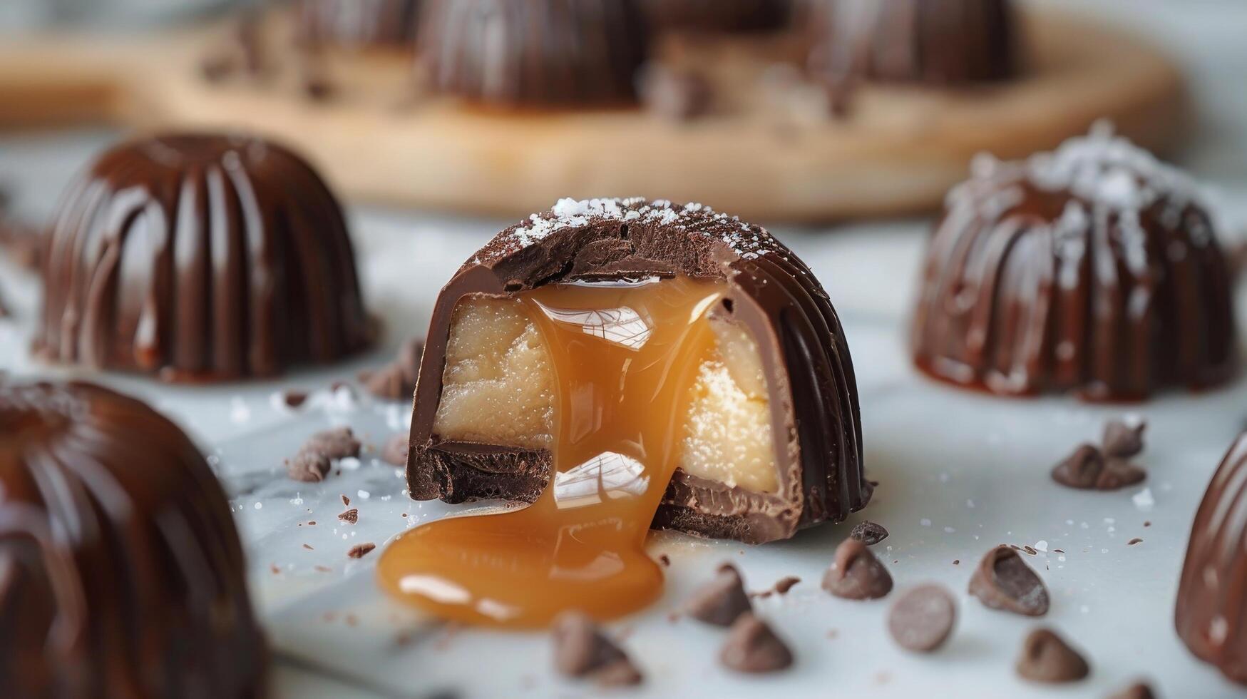 ai generato tavolo con cioccolato coperto dolci nel caramello foto