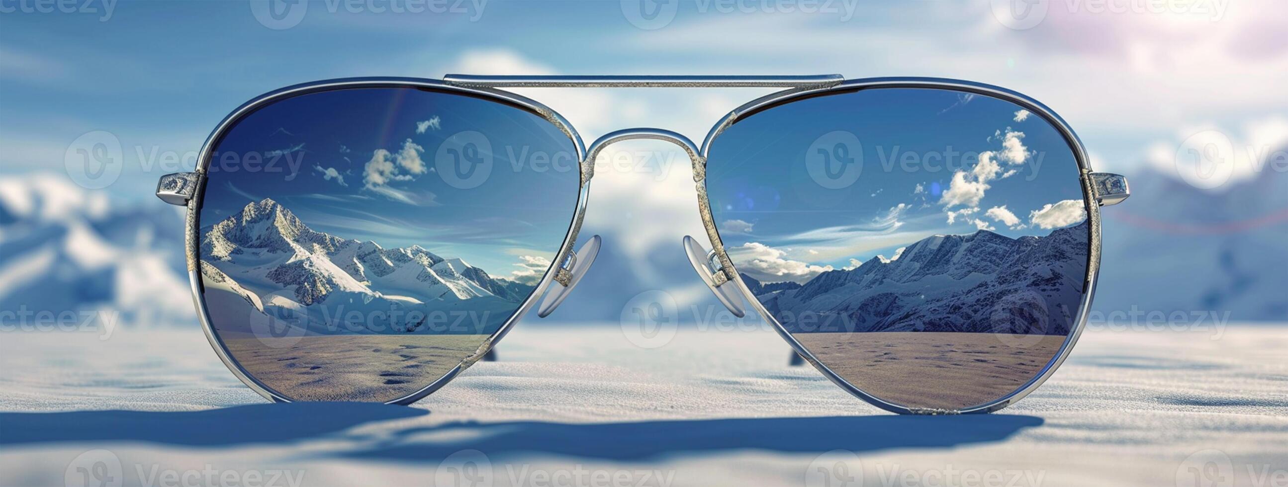 ai generato occhiali da sole su un' sfondo di snow-capped montagne. foto