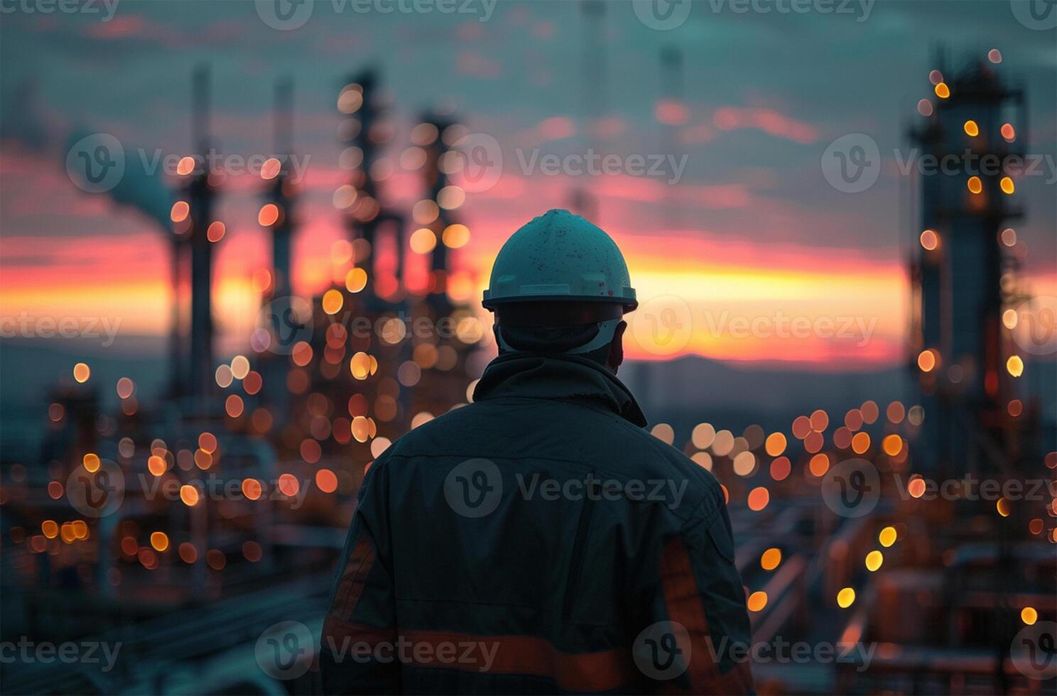 ai generato ingegnere o tecnico a il olio e gas raffineria pianta a tramonto o Alba tempo foto