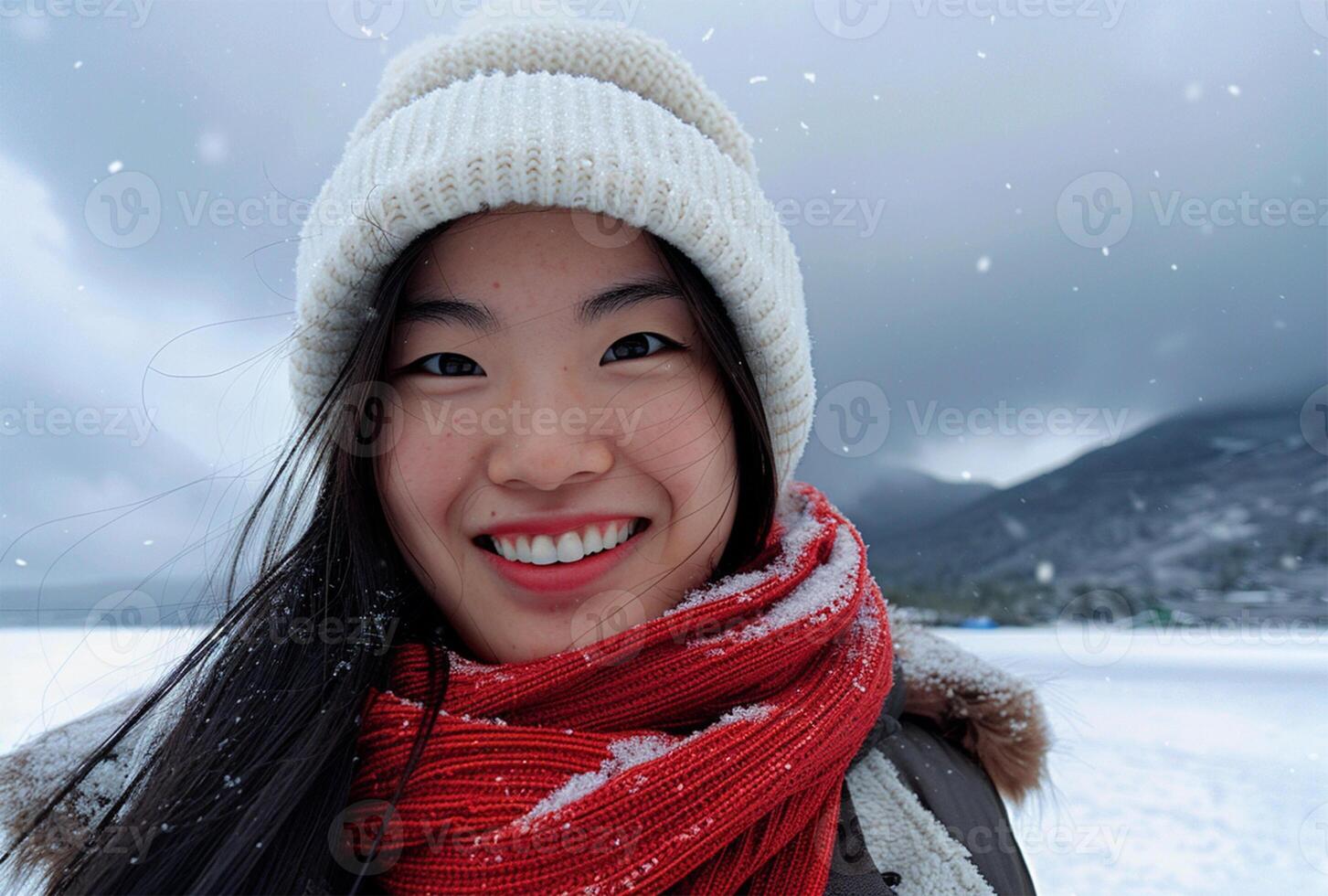 ai generato bellissimo asiatico donna nel neve inverno stagione con contento e Sorridi foto