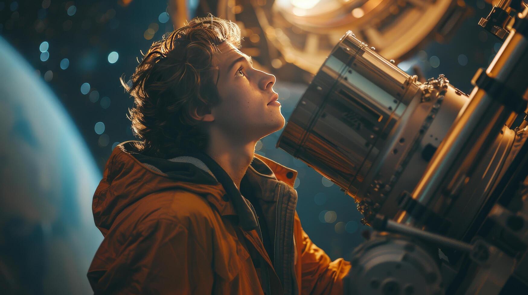 ai generato uomo osservando attraverso grande telescopio foto