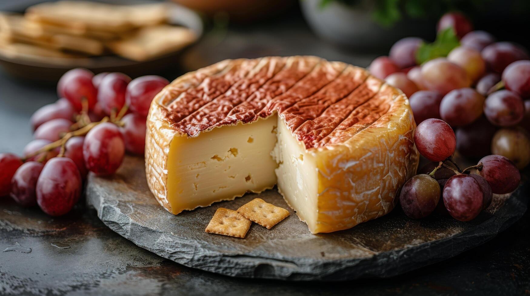 ai generato piatto con formaggio, cracker, e uva foto