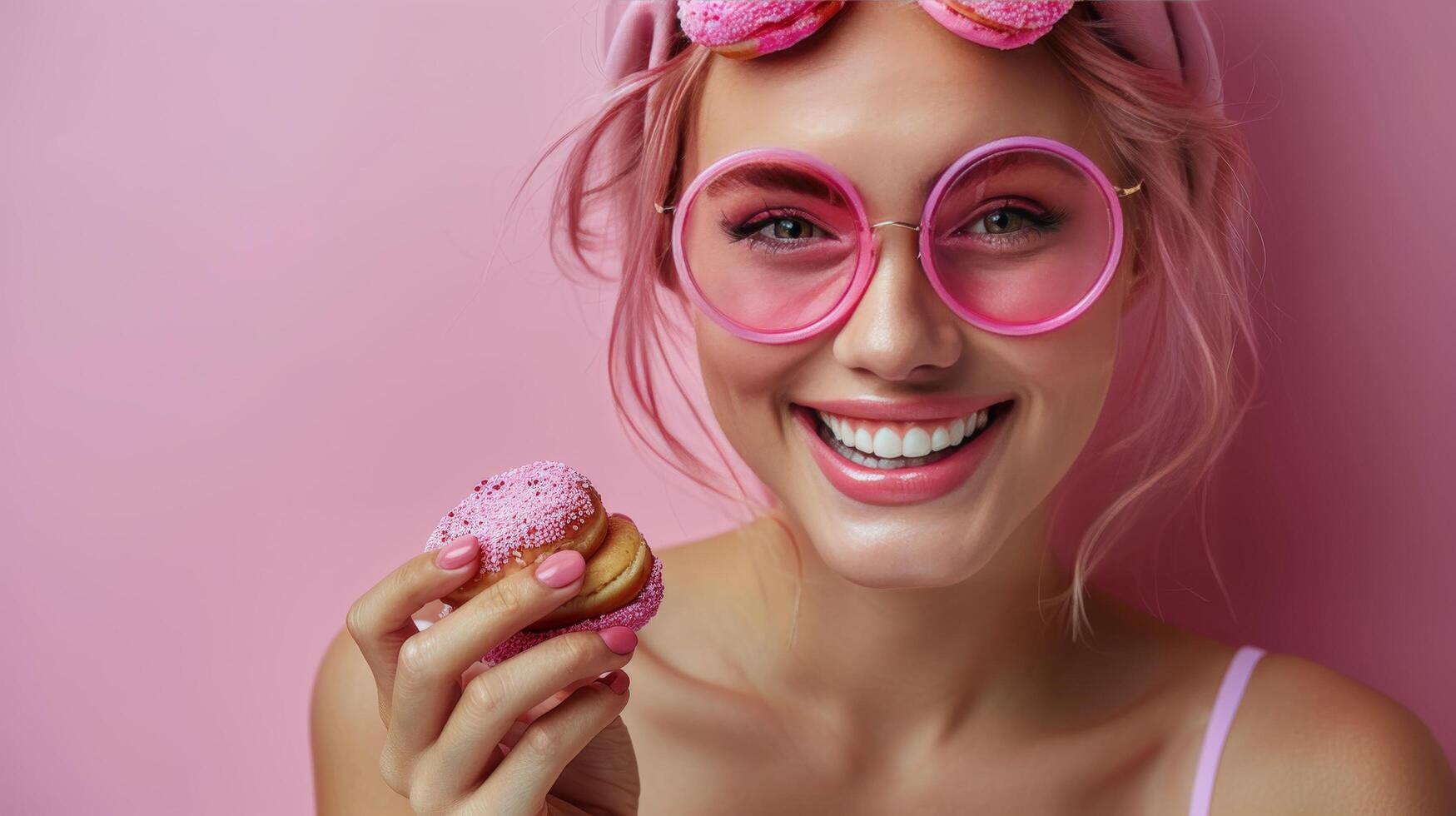 ai generato donna con rosa bicchieri Tenere ciambella foto