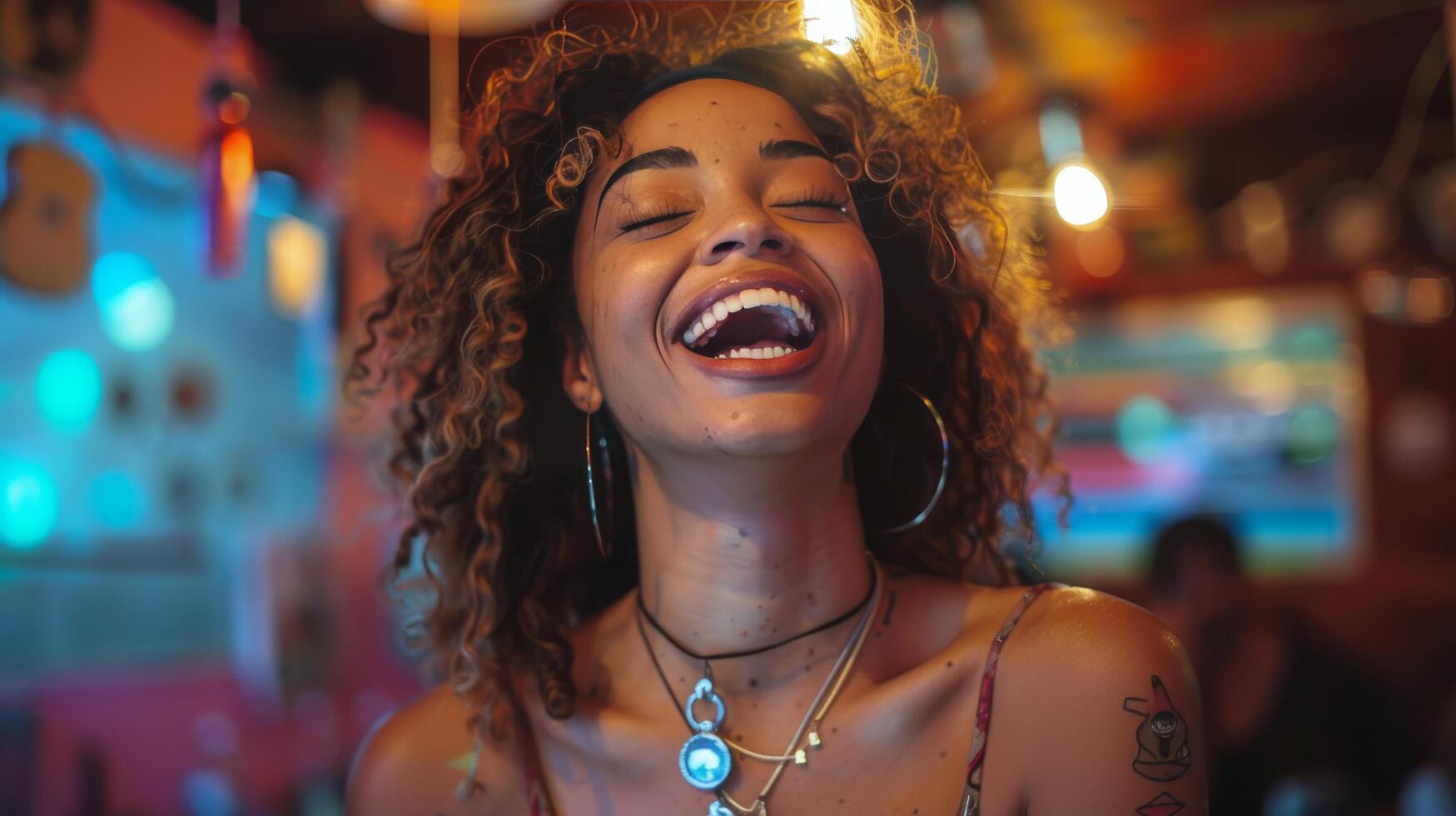 ai generato donna ridendo nel bar con neon luci foto