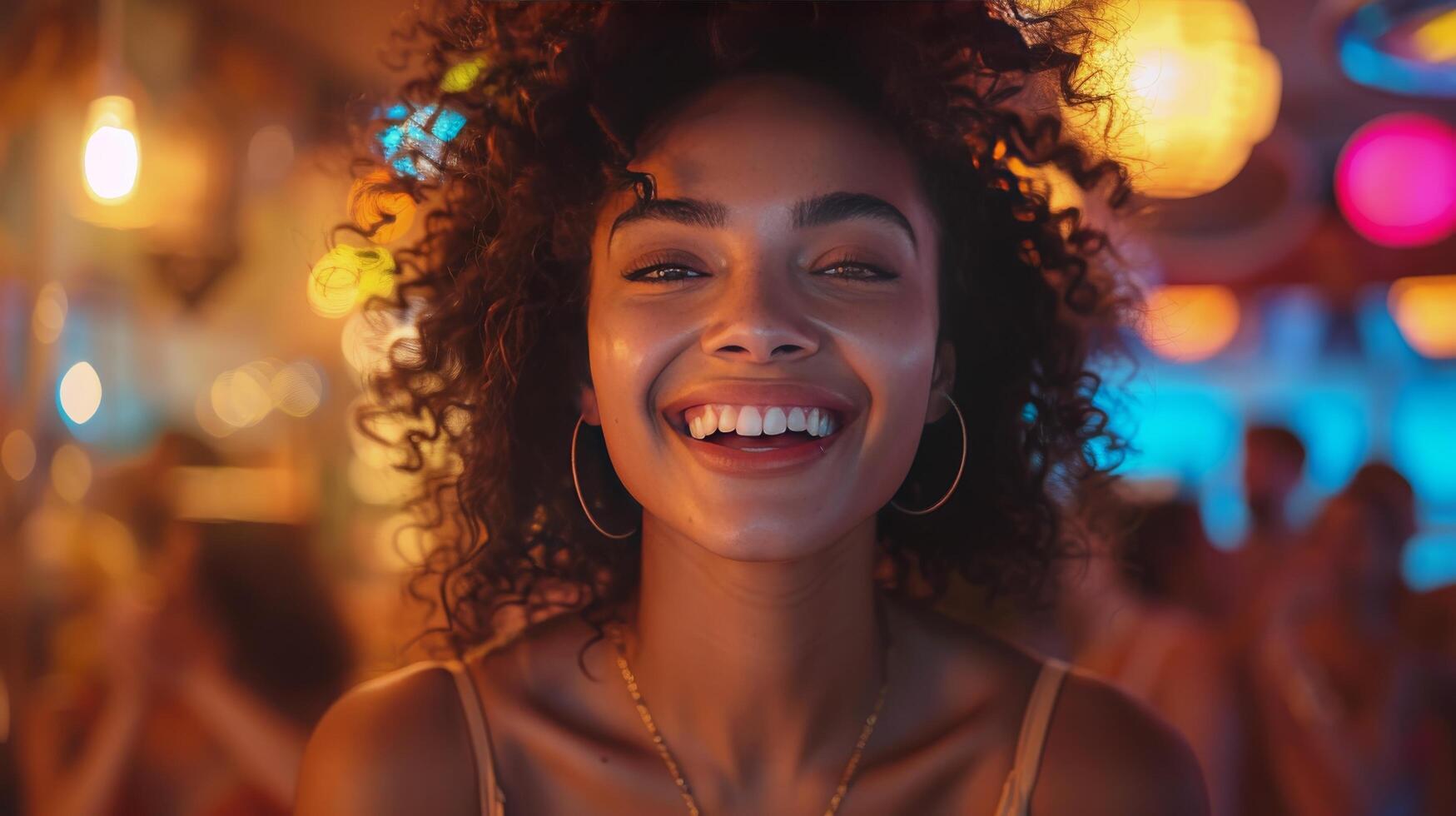 ai generato sorridente donna con Riccio capelli foto