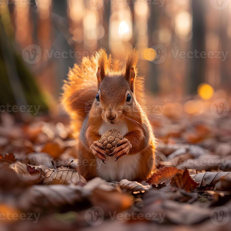 ai generato rosso scoiattolo nel autunno foresta .generativo ai foto