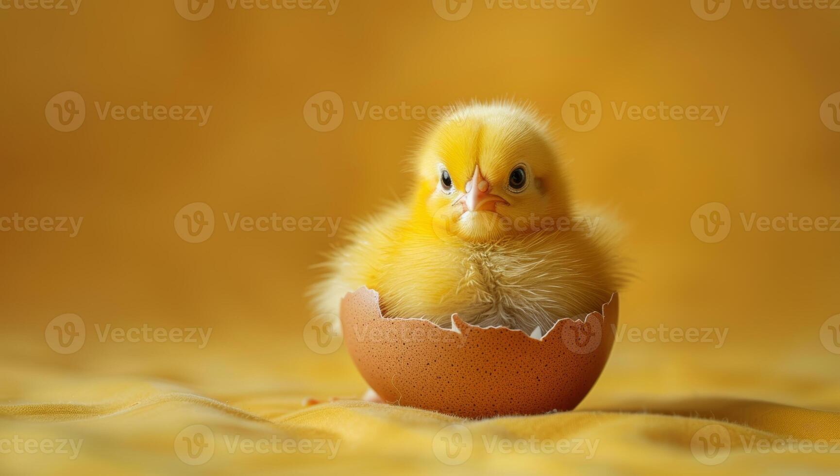 ai generato poco giallo pollo nel guscio d'uovo su giallo sfondo, Pasqua concetto foto