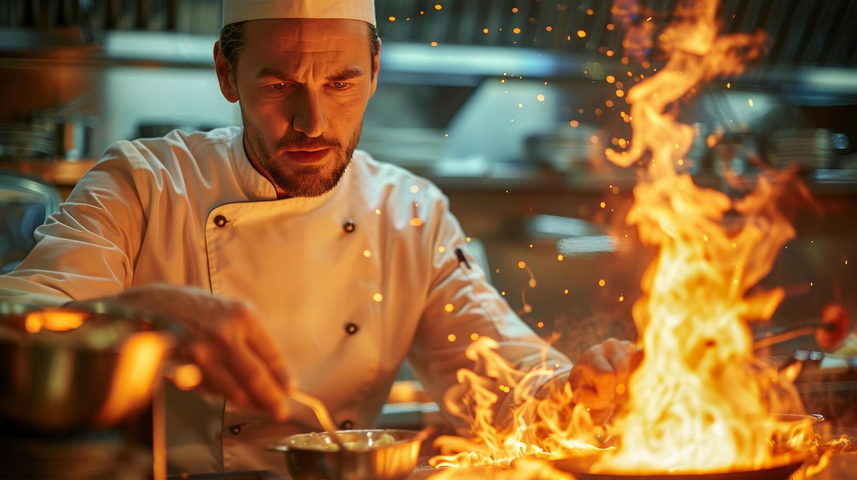 ai generato capocuoco cucinando su stufa foto